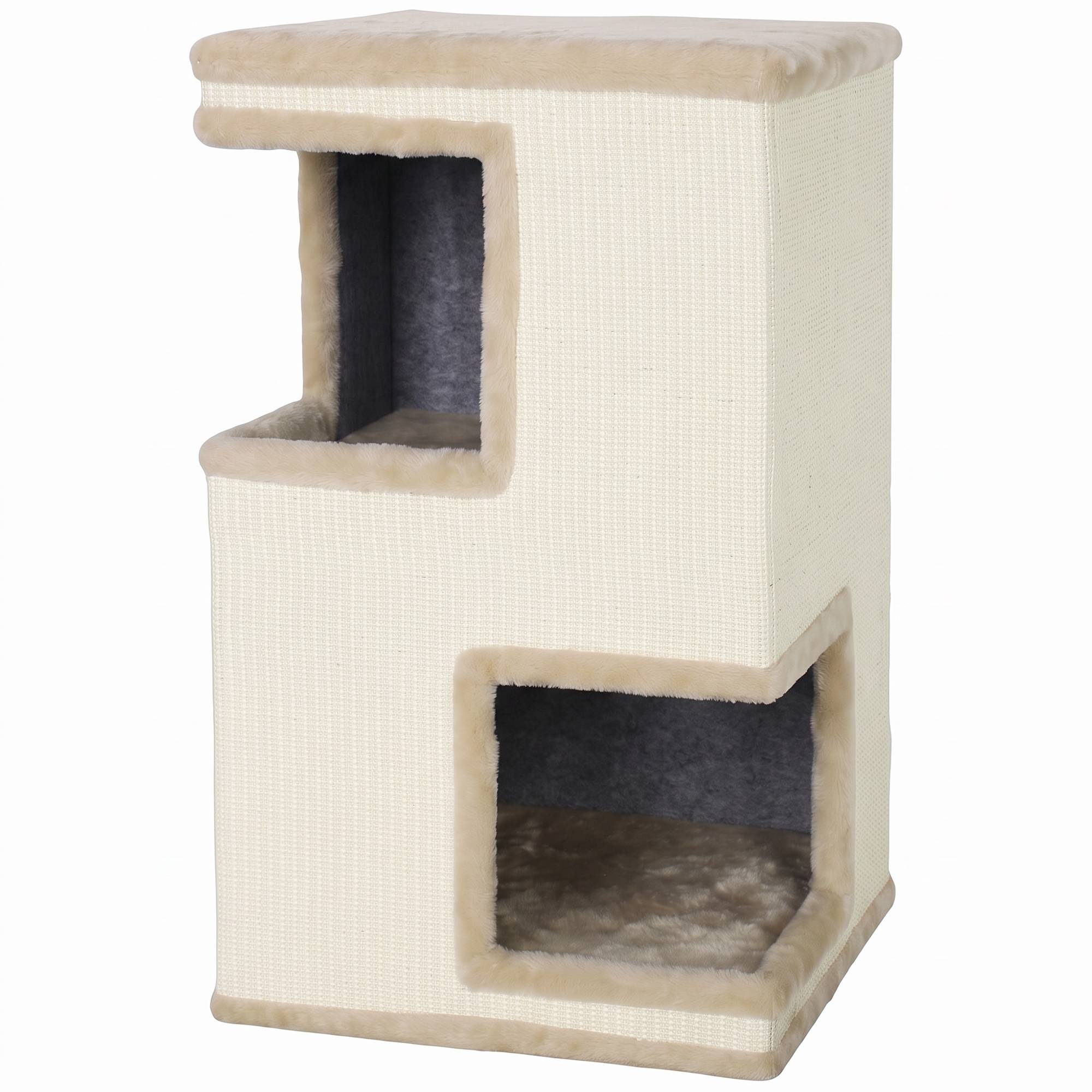 ComfortXL - Griffoir tonneau pour chat aggloméré et peluche 40 x 40 x 67 cm beige 3 niveaux avec 2 niches en sisal - Image 2