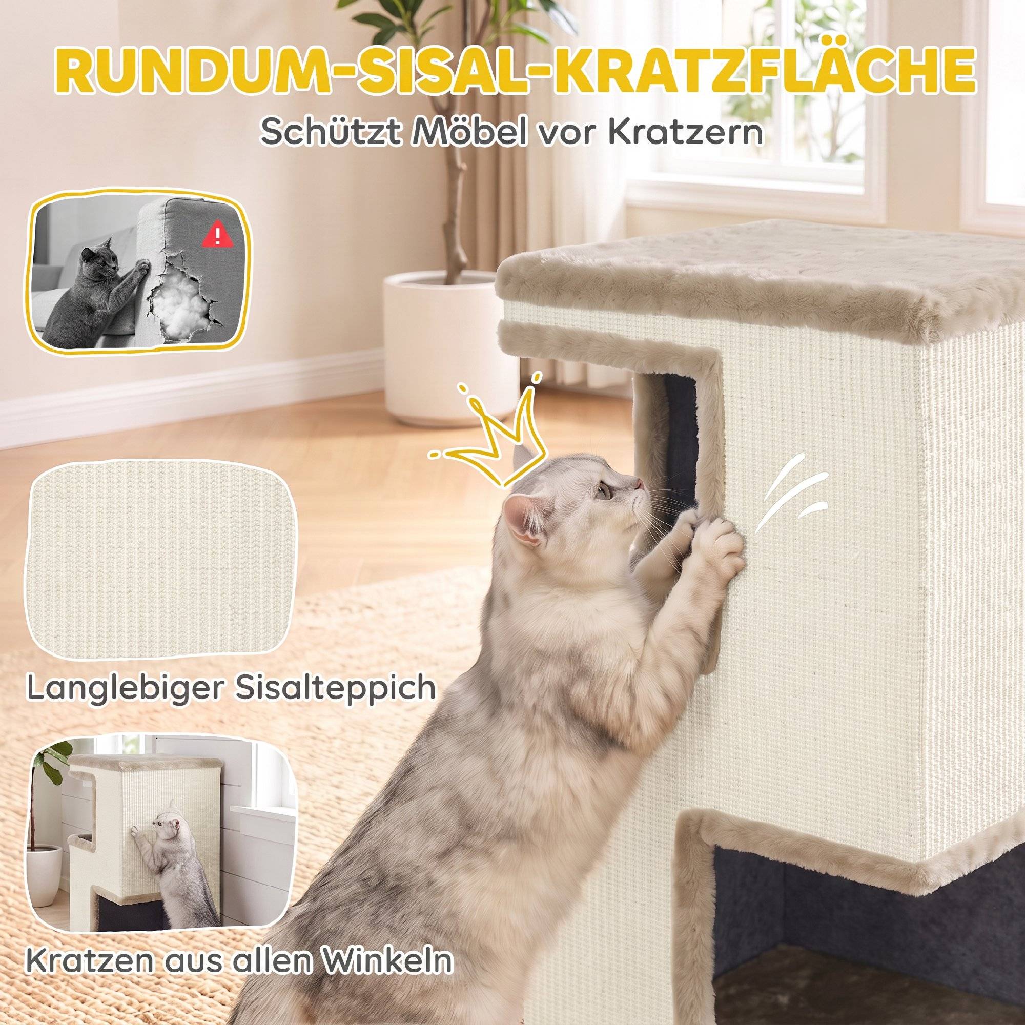 ComfortXL - Griffoir tonneau pour chat aggloméré et peluche 40 x 40 x 67 cm beige 3 niveaux avec 2 niches en sisal - Image 5