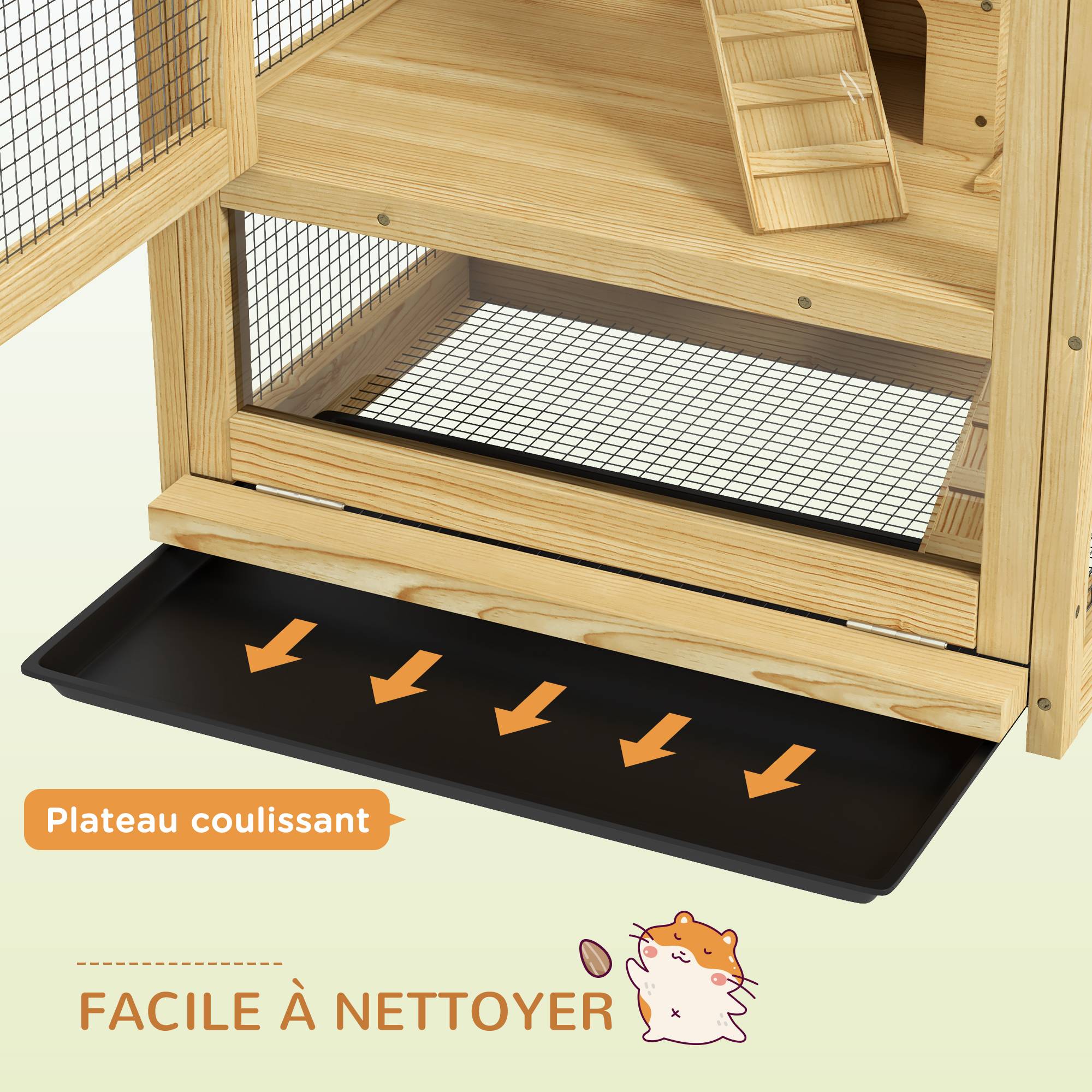 Pawhut - Cage pour rongeurs petits animaux en bois 5 niveaux - échelle, niche, balançoire, plateau amovible, abreuvoir - Imagen 7