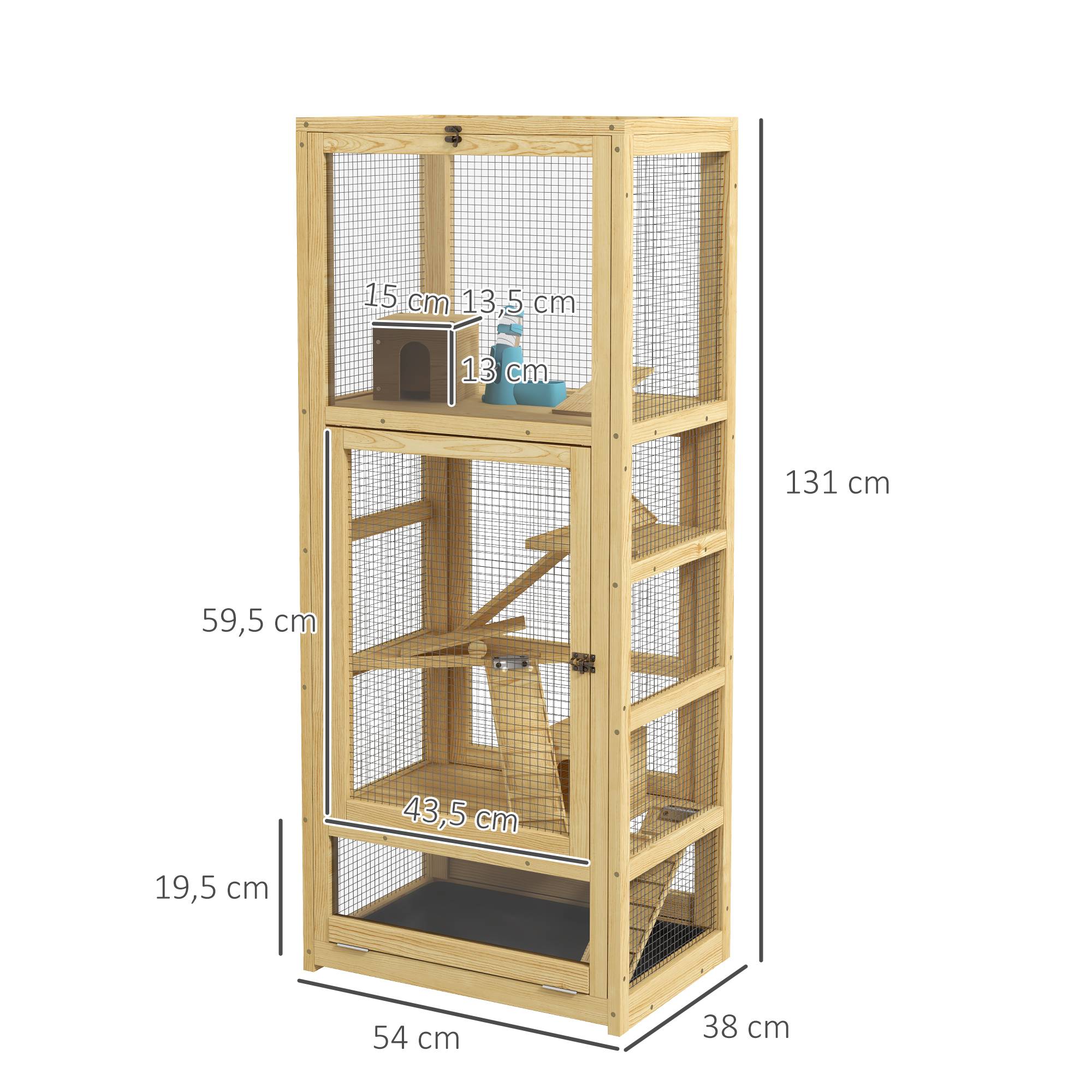 Pawhut - Cage pour rongeurs petits animaux en bois 5 niveaux - échelle, niche, balançoire, plateau amovible, abreuvoir - Imagen 3
