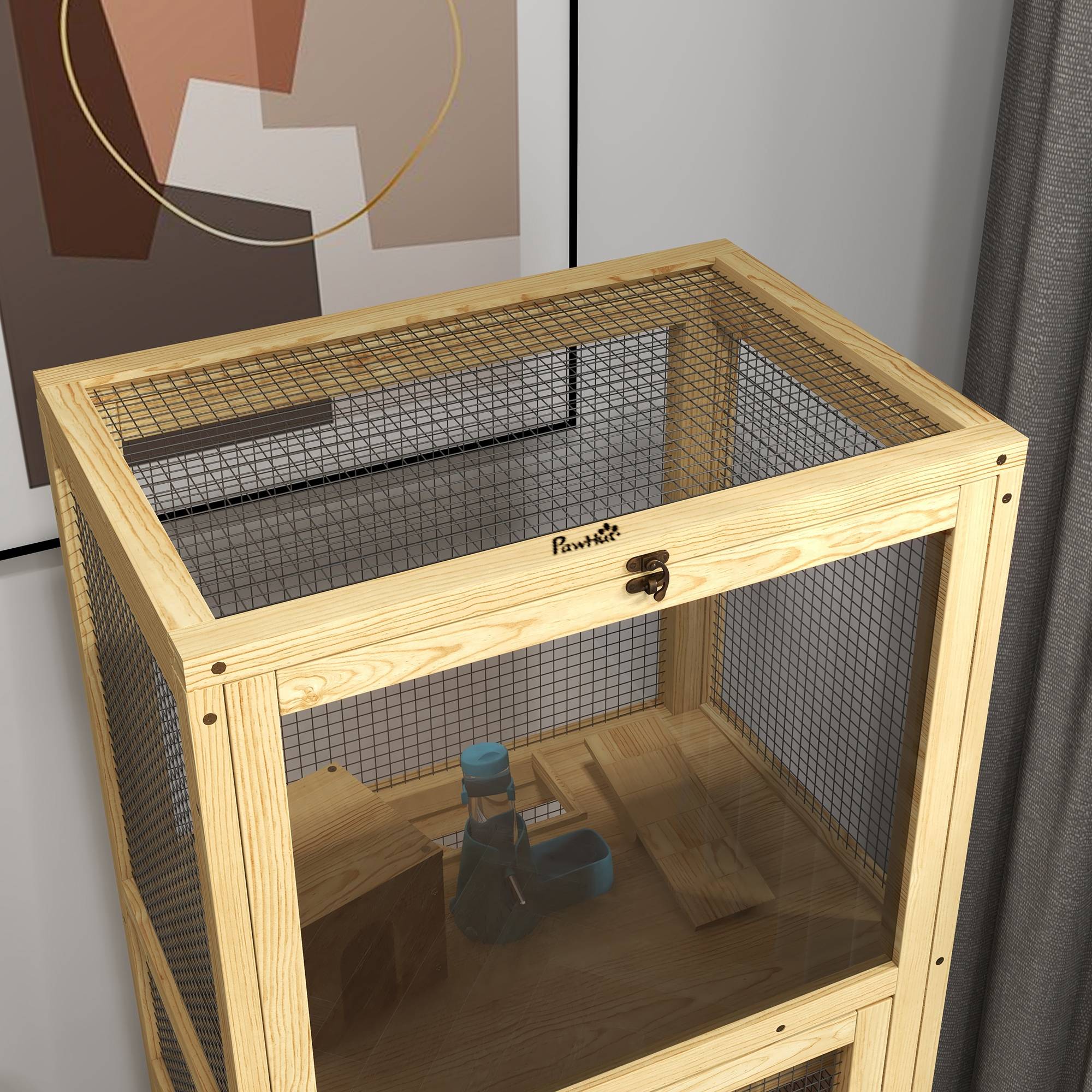 Pawhut - Cage pour rongeurs petits animaux en bois 5 niveaux - échelle, niche, balançoire, plateau amovible, abreuvoir - Imagen 8