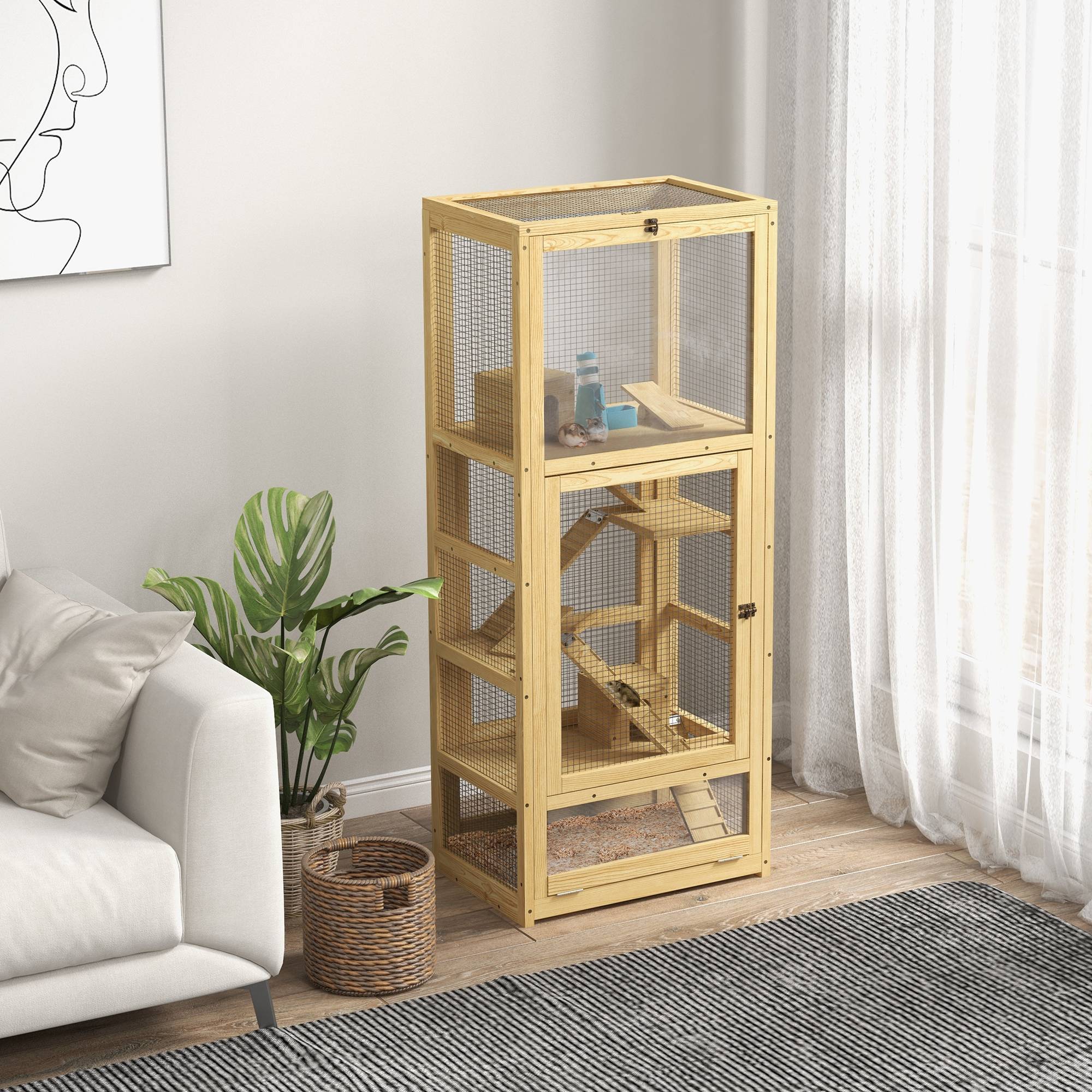 Pawhut - Cage pour rongeurs petits animaux en bois 5 niveaux - échelle, niche, balançoire, plateau amovible, abreuvoir - Imagen 2