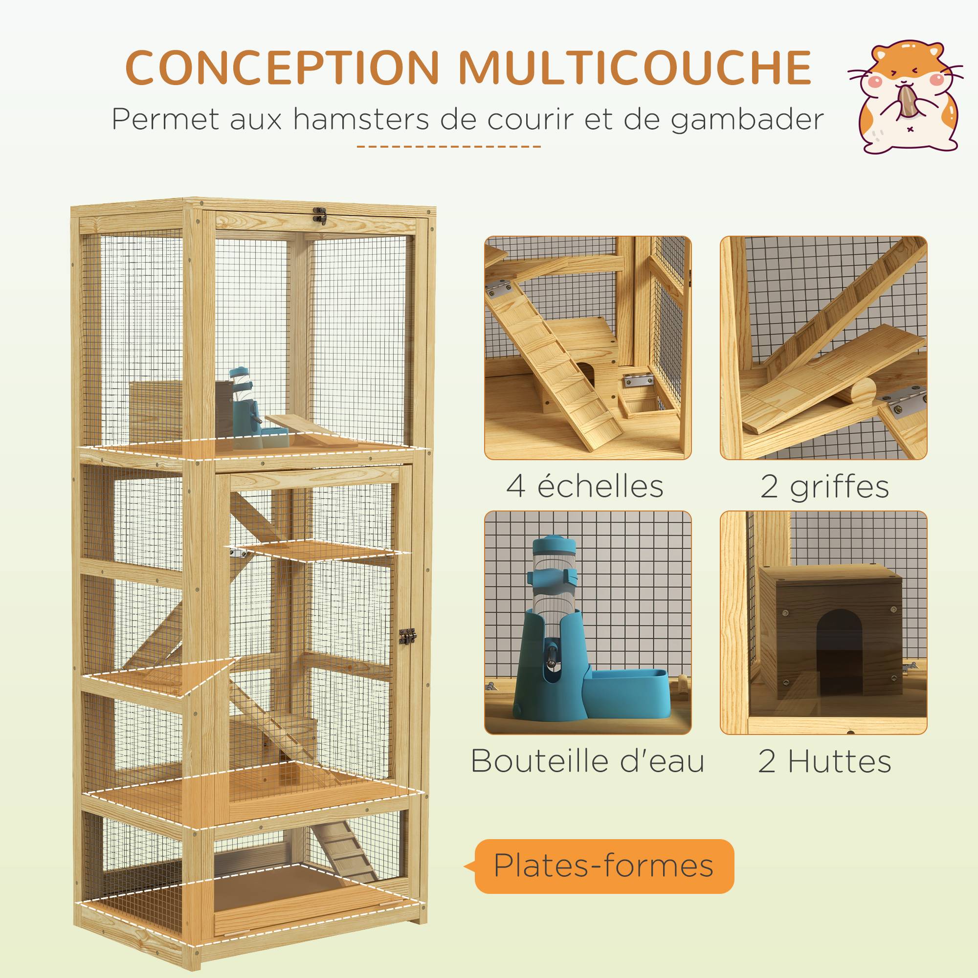 Pawhut - Cage pour rongeurs petits animaux en bois 5 niveaux - échelle, niche, balançoire, plateau amovible, abreuvoir - Imagen 4