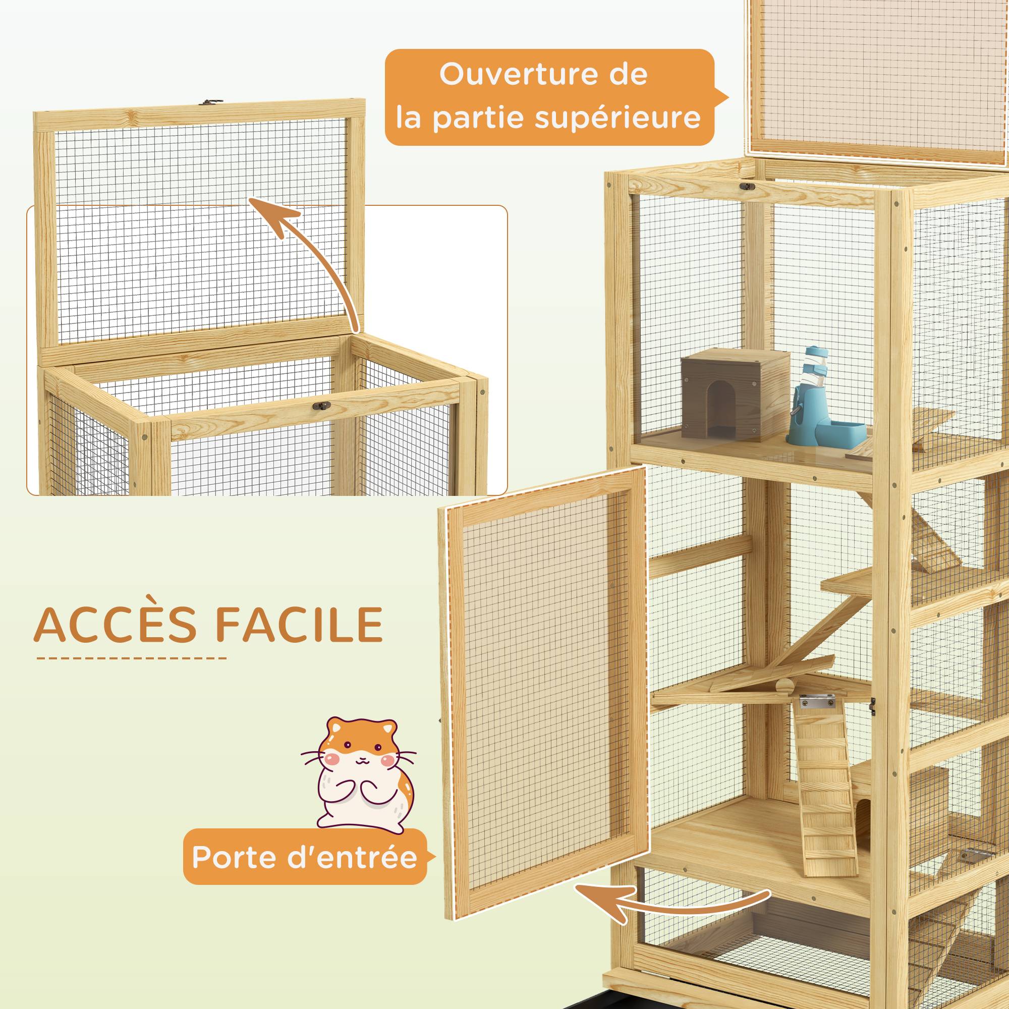 Pawhut - Cage pour rongeurs petits animaux en bois 5 niveaux - échelle, niche, balançoire, plateau amovible, abreuvoir - Imagen 5