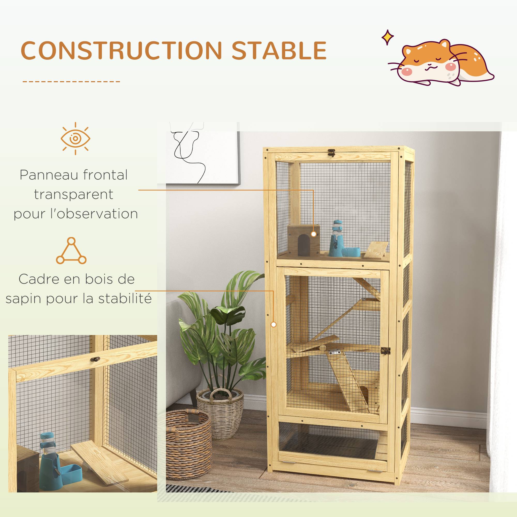 Pawhut - Cage pour rongeurs petits animaux en bois 5 niveaux - échelle, niche, balançoire, plateau amovible, abreuvoir - Imagen 6