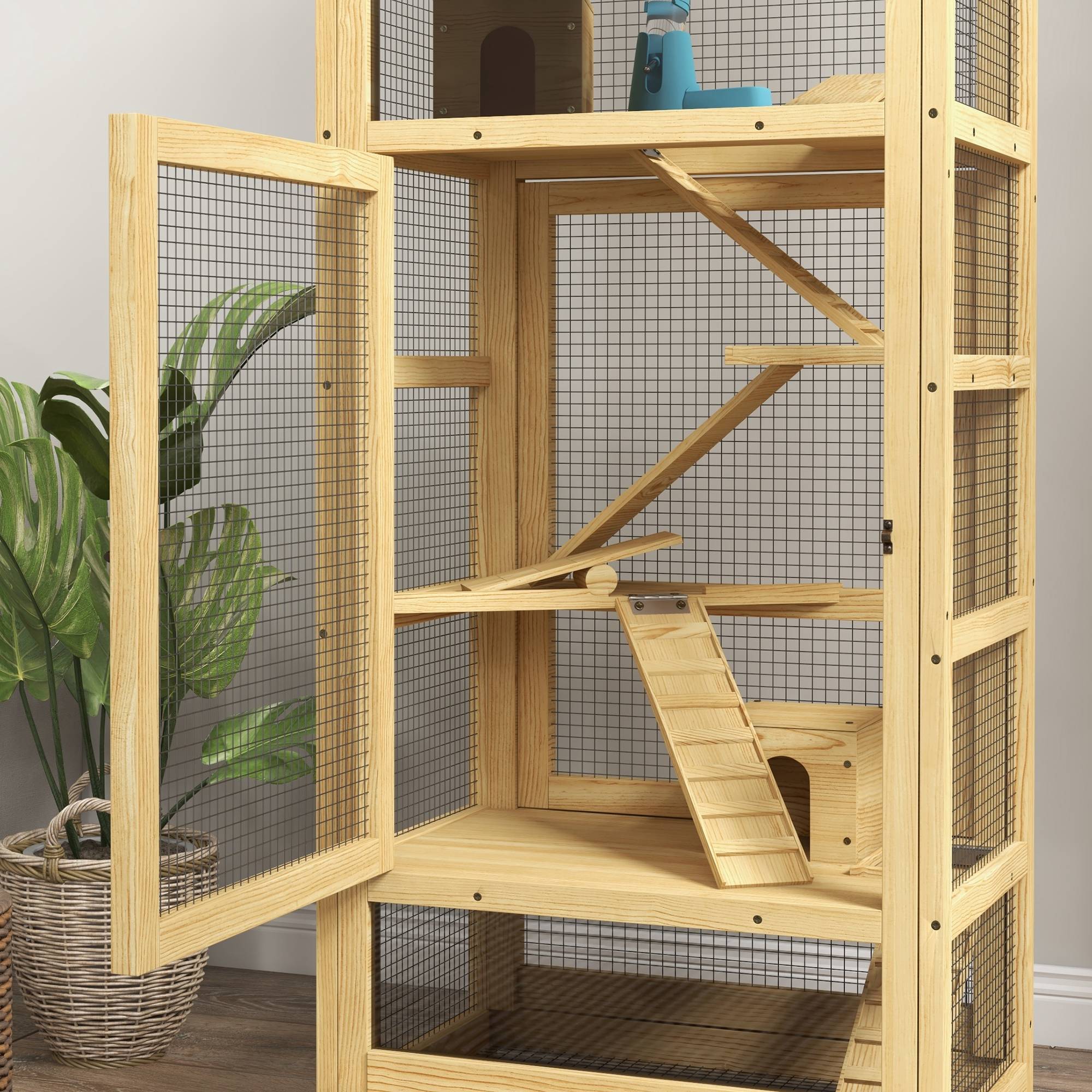Pawhut - Cage pour rongeurs petits animaux en bois 5 niveaux - échelle, niche, balançoire, plateau amovible, abreuvoir - Imagen 9