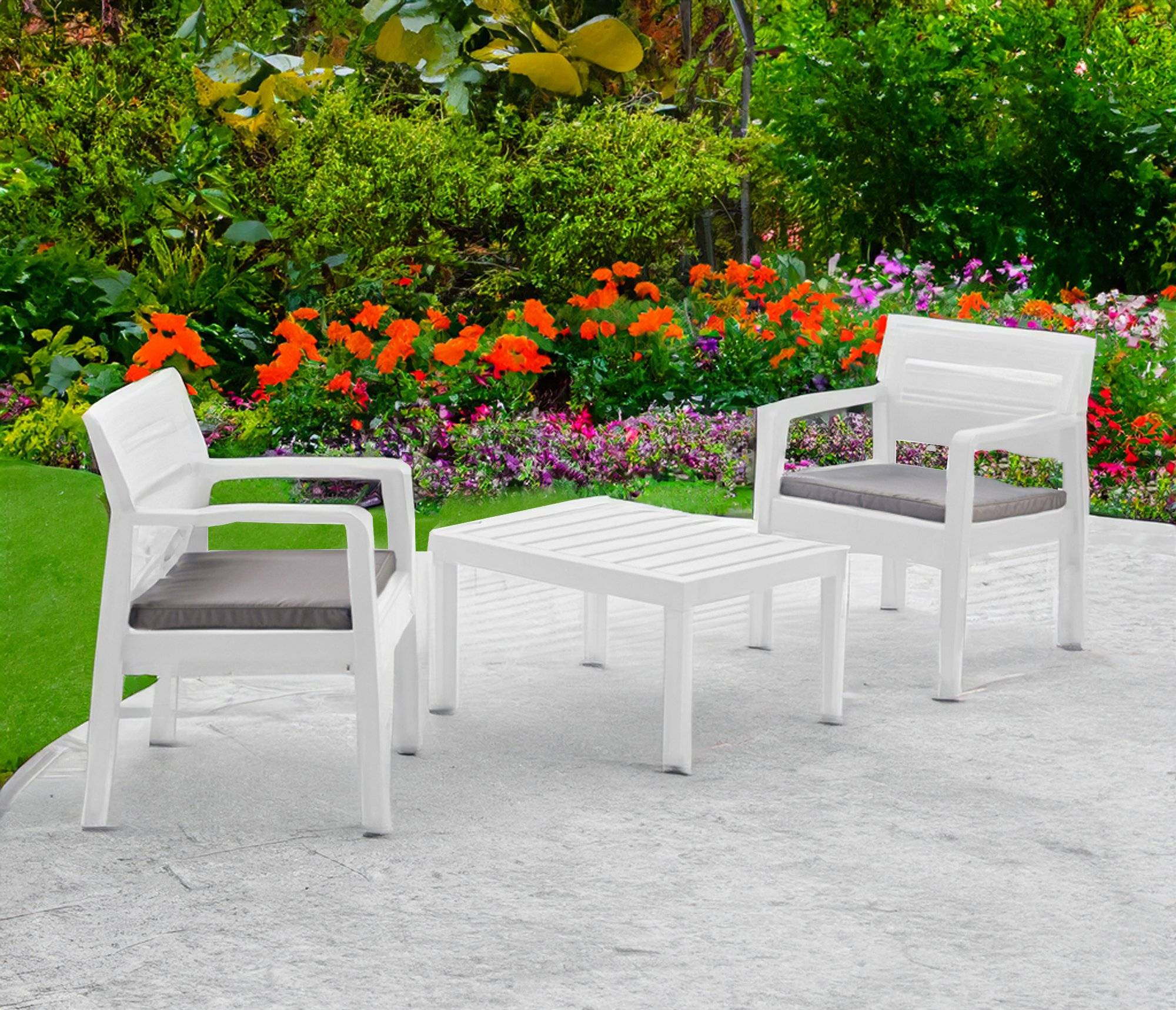 Dmora - Salon d'extérieur Dalfier, Composition de jardin avec 2 fauteuils et 1 table basse avec coussins, Blanc - Dmora - Imagen 5