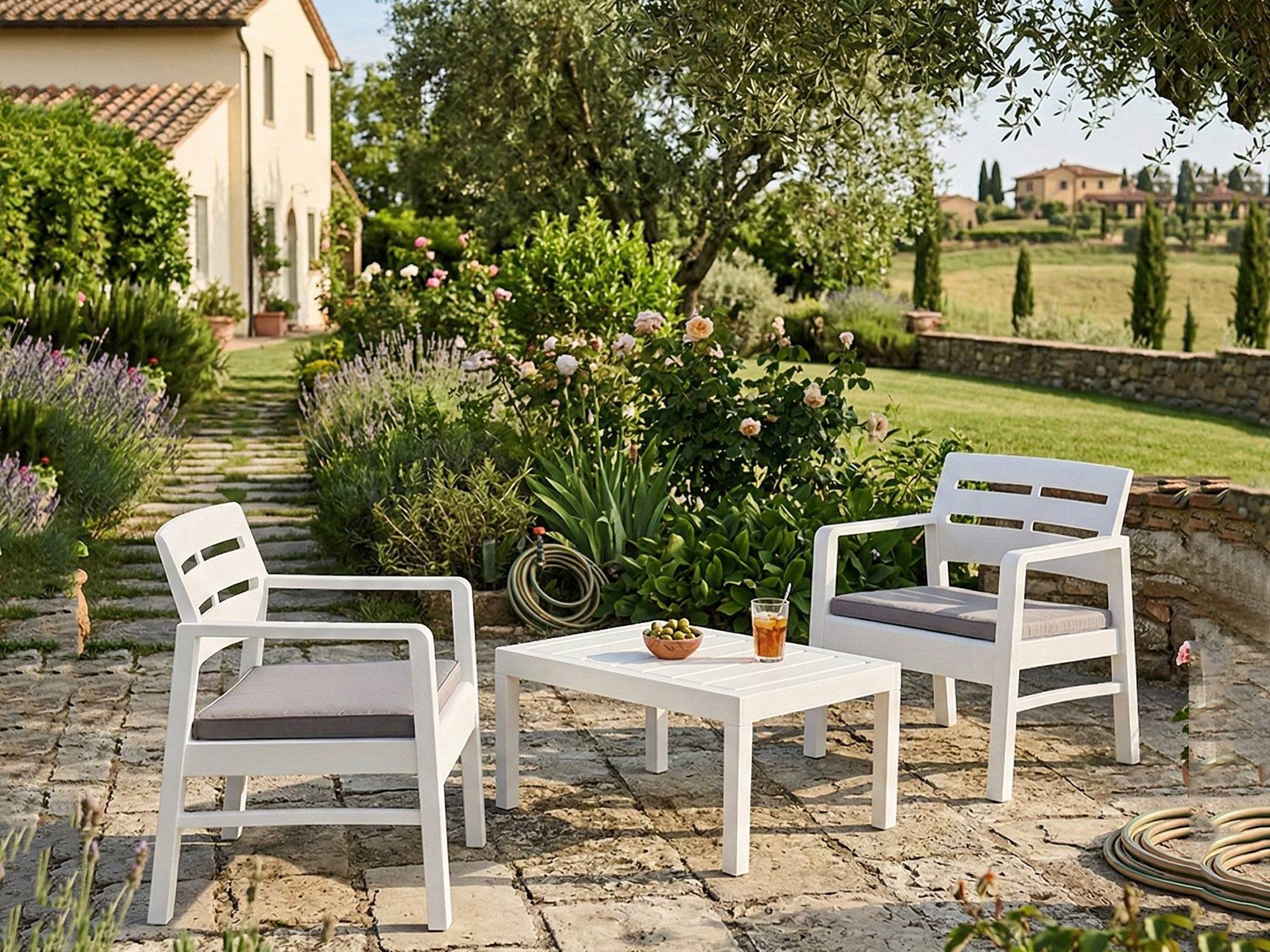 Dmora - Salon d'extérieur Dalfier, Composition de jardin avec 2 fauteuils et 1 table basse avec coussins, Blanc - Dmora - Imagen 4
