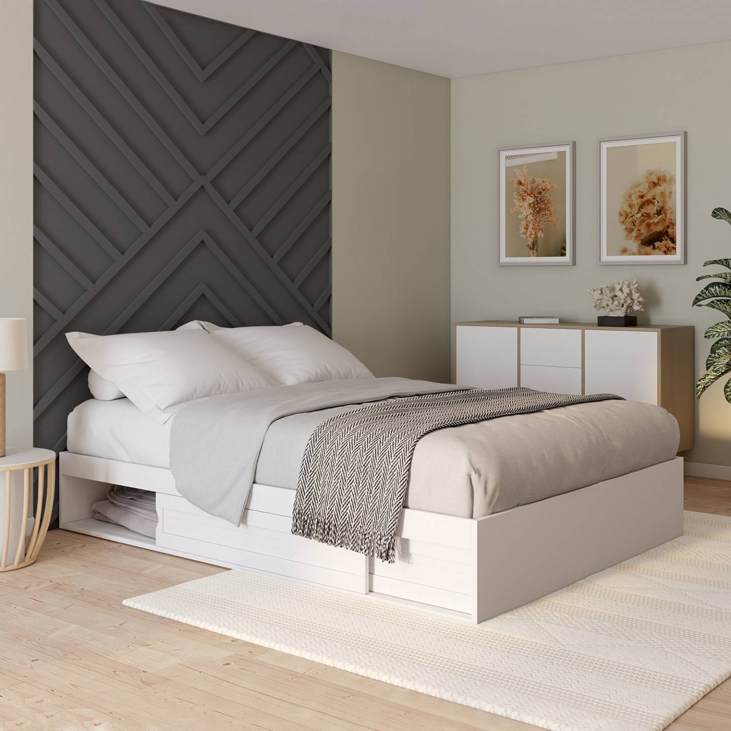 Cadre de lit double SALEM avec rangements et sommier 140 x 190 cm blanc - Image 1