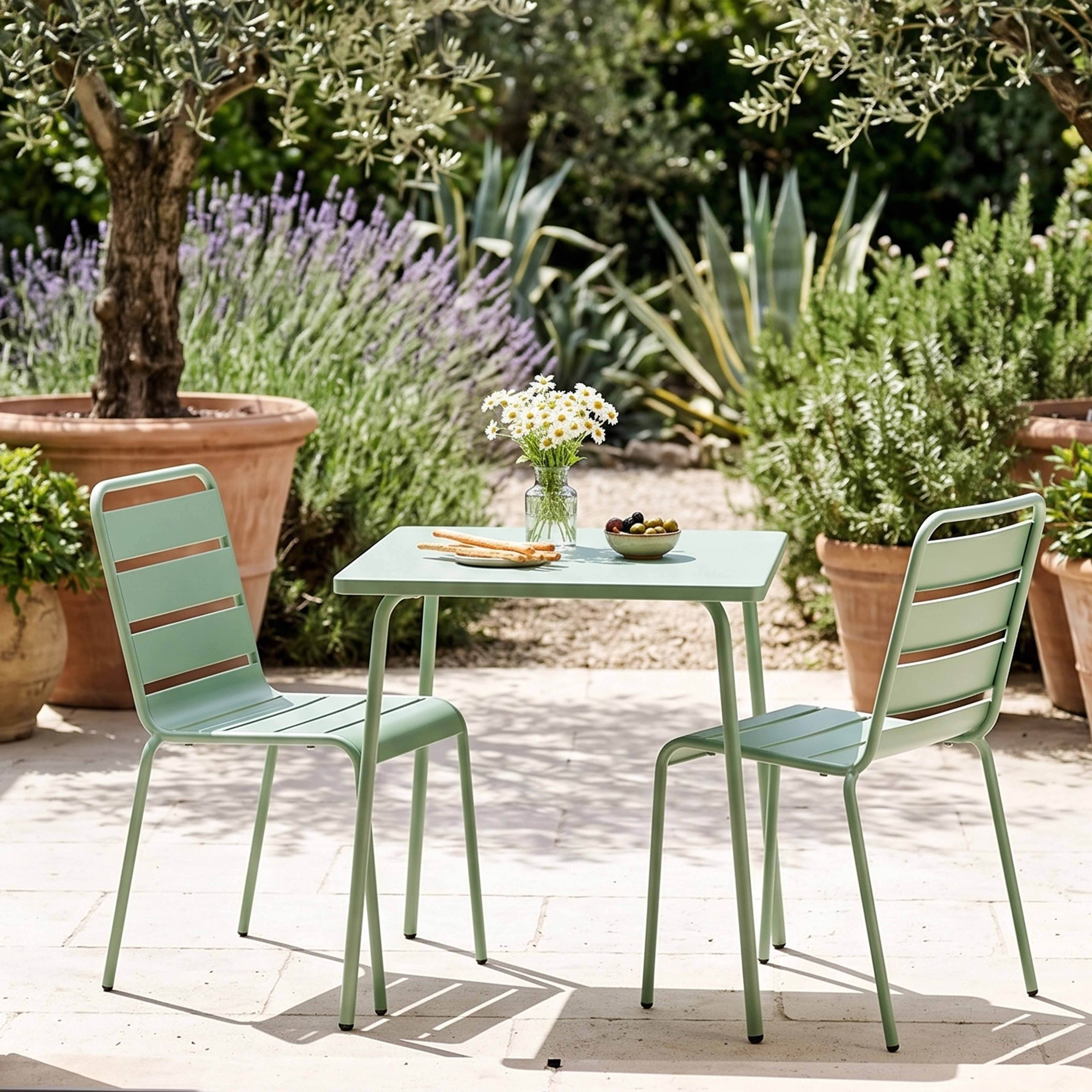 Oviala - Ensemble table de jardin carrée et 2 chaises acier vert sauge Palavas - Oviala - Imagen 2