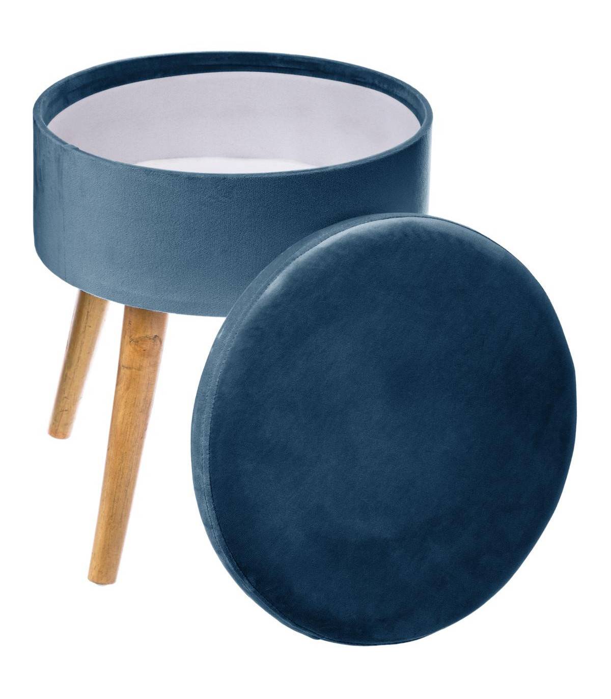 Atmosphera - Tabouret avec Coffre en Velours Bleu et pieds en Bois naturel H 43 cm - Imagen 2