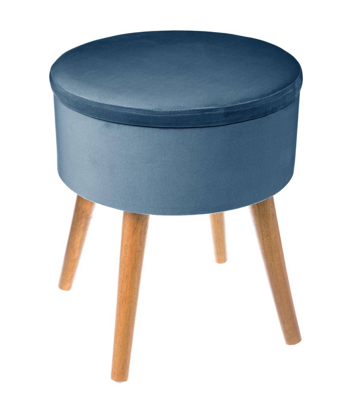 Atmosphera - Tabouret avec Coffre en Velours Bleu et pieds en Bois naturel H 43 cm - Imagen 1
