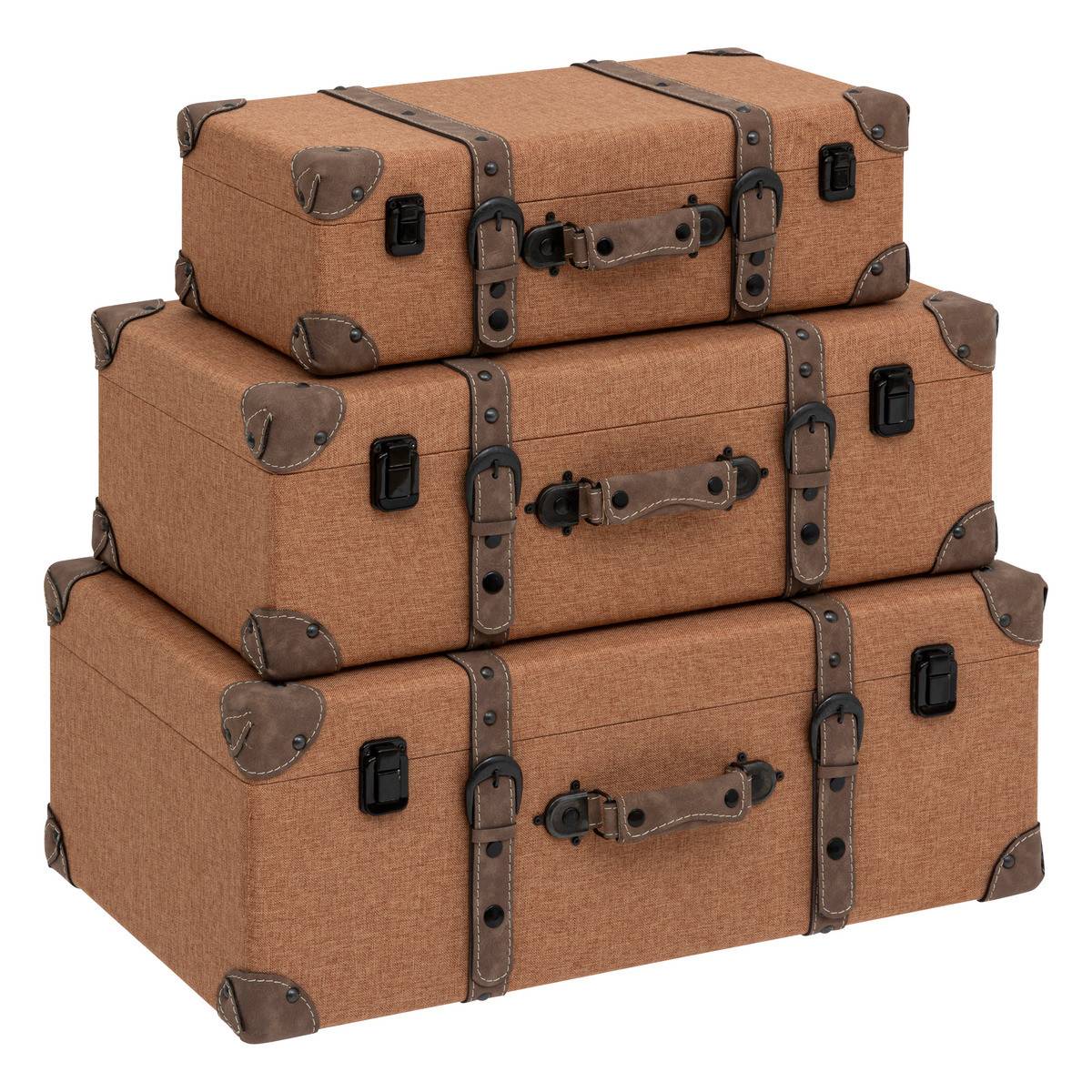 Set de 3 Malles de rangement Marron Caramel style Vintage L 60 L 55 et L 45 cm - Imagen 1