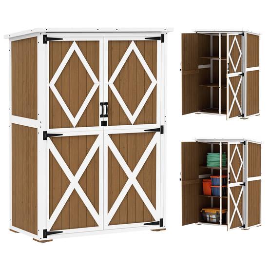 Abri de jardin en bois de sapin avec 2 étagères et 2 portes, 116,5 x 57 x 159/167 cm, marron et blanc - Image 1