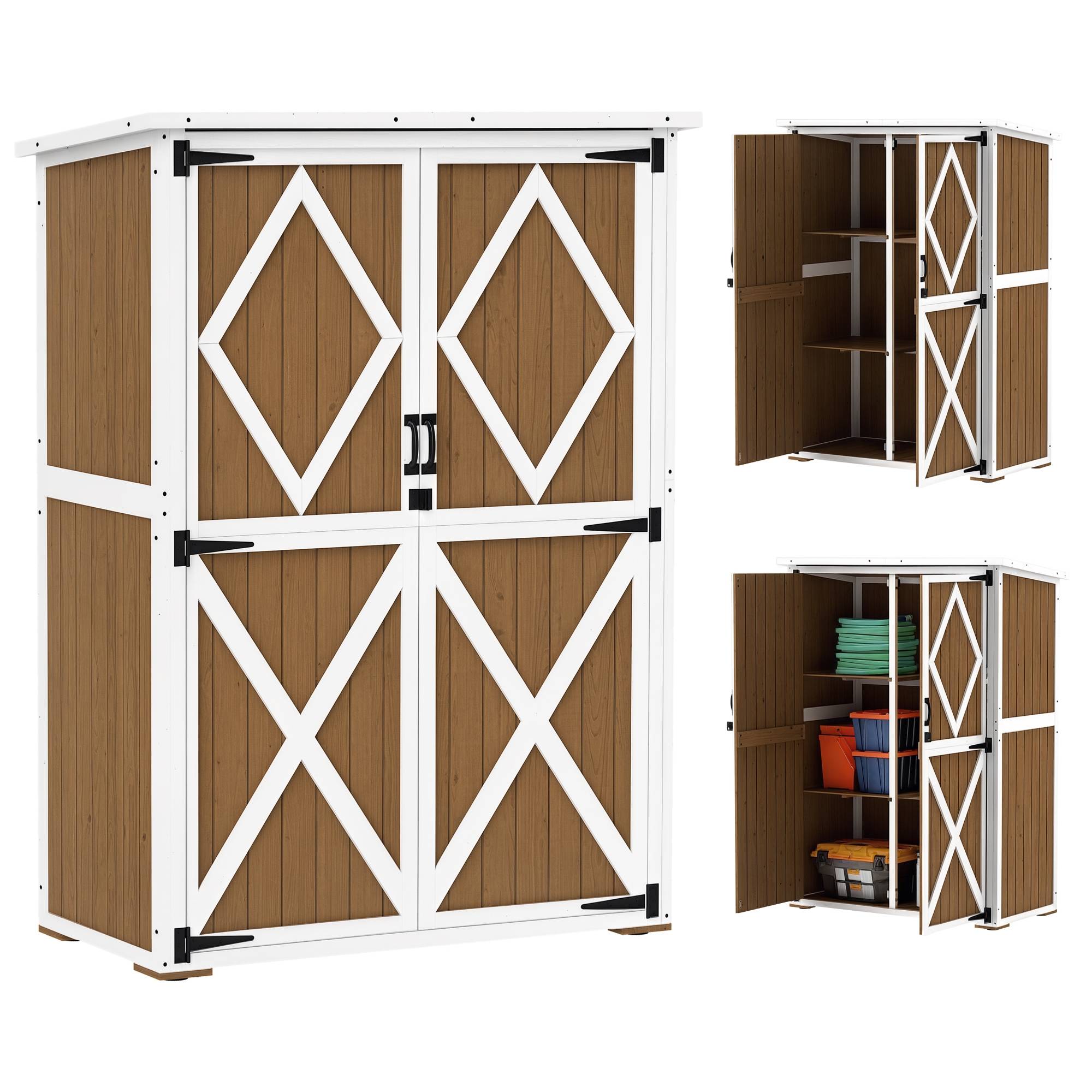 Abri de jardin en bois de sapin avec 2 étagères et 2 portes, 116,5 x 57 x 159/167 cm, marron et blanc - Image 1