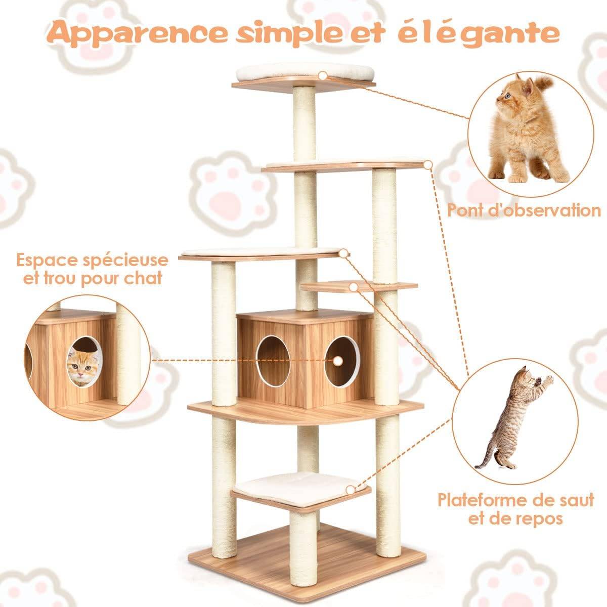 Arbre à chat COSTWAY 176 cm, arbre à chat adulte XXL avec corde en sisal, niche, plateforme et coussins, 86,5 x 86,5 x 176 cm, noir et naturel - Image 4