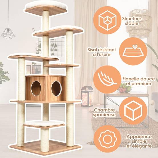Arbre à chat COSTWAY 176 cm, arbre à chat adulte XXL avec corde en sisal, niche, plateforme et coussins, 86,5 x 86,5 x 176 cm, noir et naturel - Image 6
