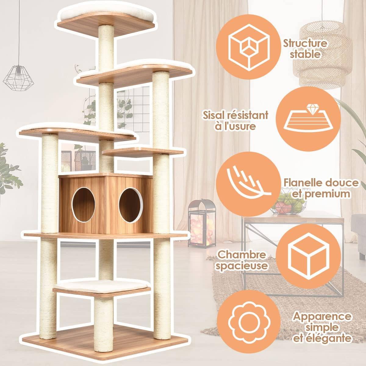 Arbre à chat COSTWAY 176 cm, arbre à chat adulte XXL avec corde en sisal, niche, plateforme et coussins, 86,5 x 86,5 x 176 cm, noir et naturel - Image 6