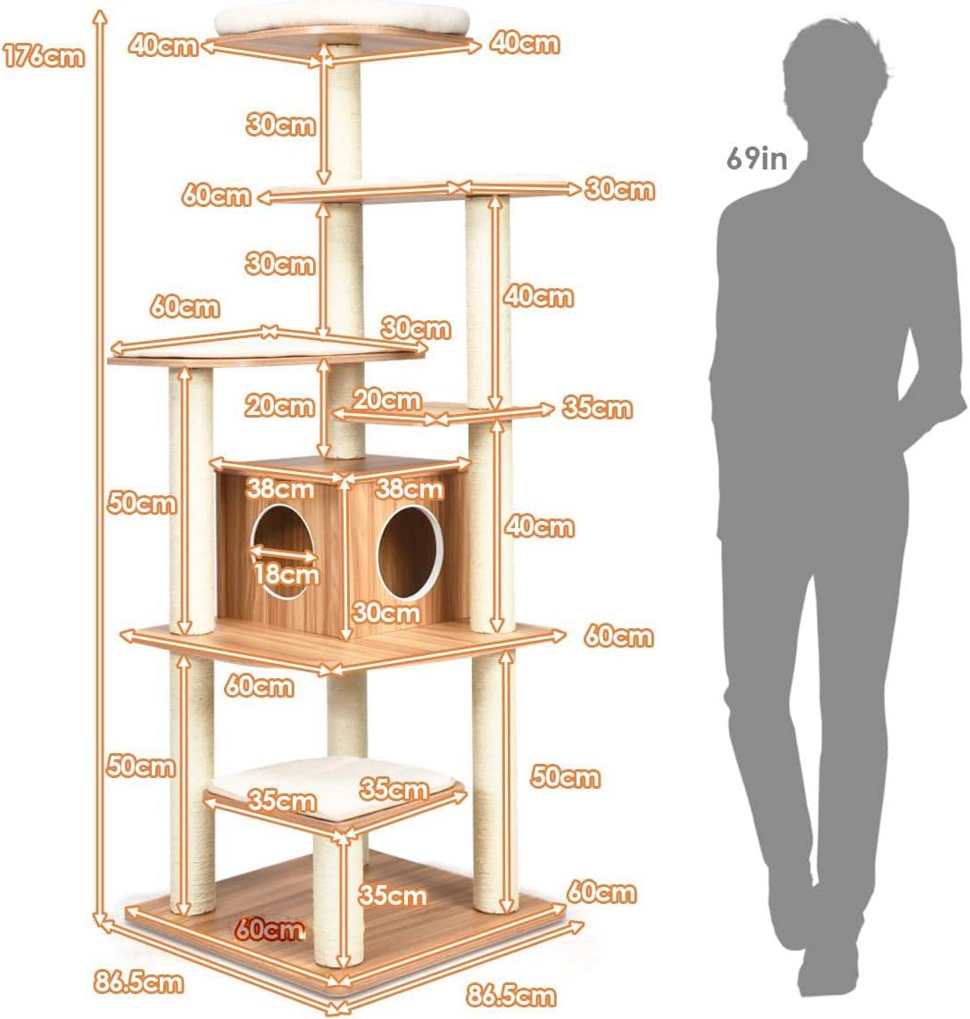 Arbre à chat COSTWAY 176 cm, arbre à chat adulte XXL avec corde en sisal, niche, plateforme et coussins, 86,5 x 86,5 x 176 cm, noir et naturel - Image 8