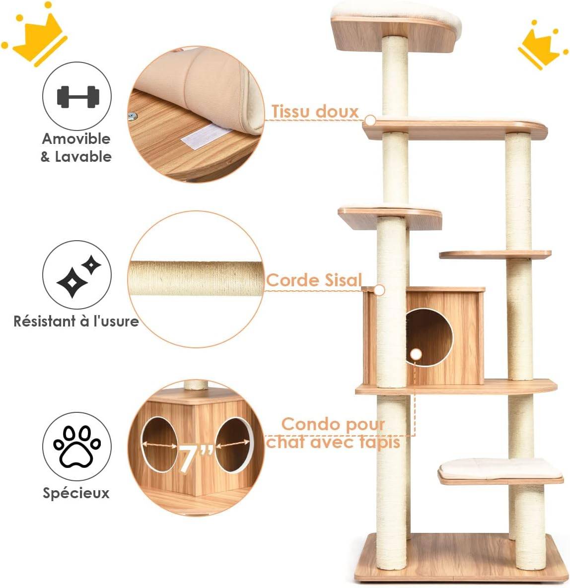 Arbre à chat COSTWAY 176 cm, arbre à chat adulte XXL avec corde en sisal, niche, plateforme et coussins, 86,5 x 86,5 x 176 cm, noir et naturel - Image 3