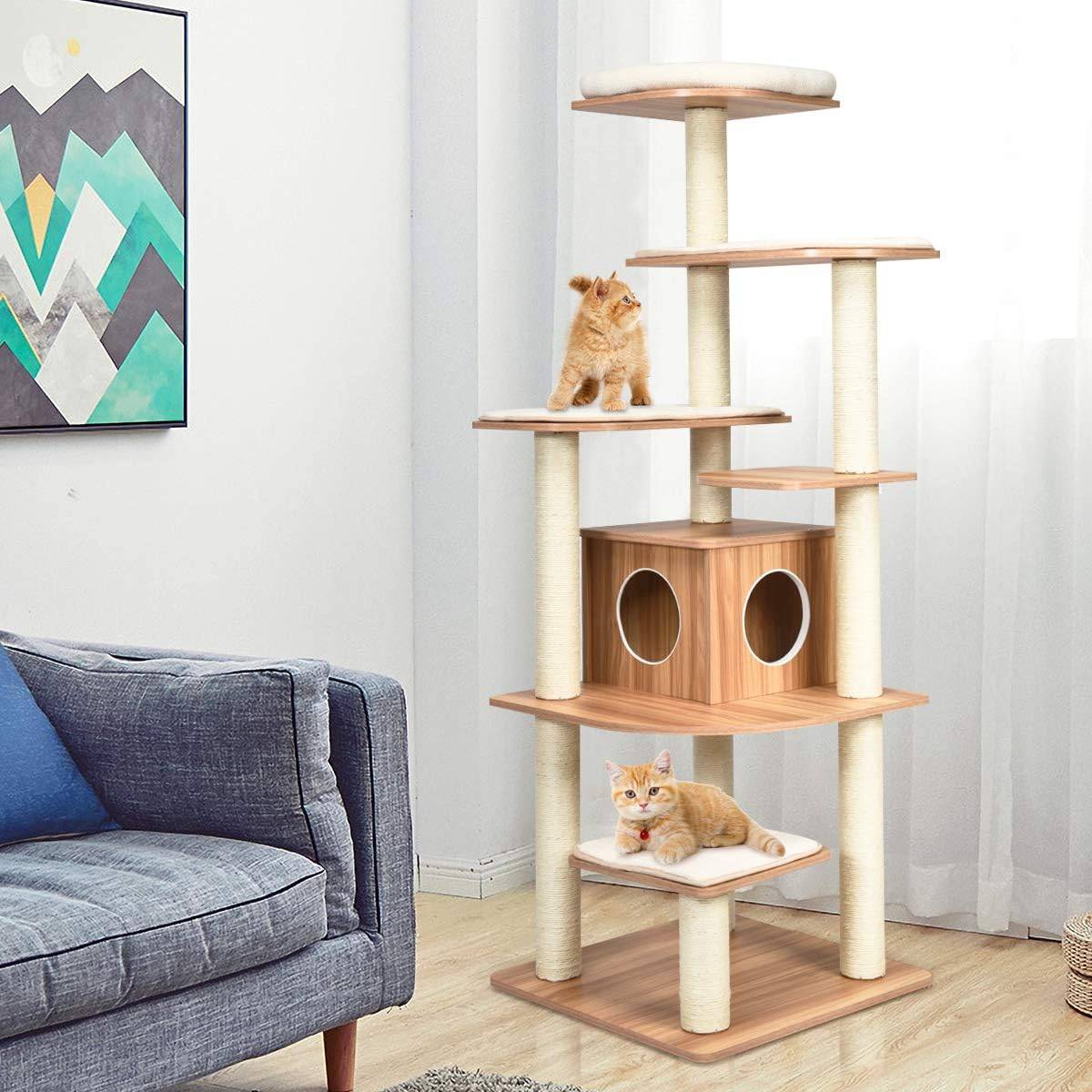 Arbre à chat COSTWAY 176 cm, arbre à chat adulte XXL avec corde en sisal, niche, plateforme et coussins, 86,5 x 86,5 x 176 cm, noir et naturel - Image 2