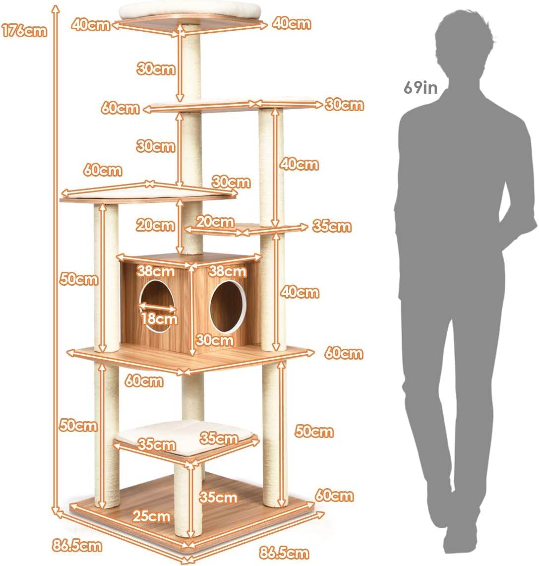 Arbre à chat COSTWAY 176 cm, arbre à chat adulte XXL avec corde en sisal, niche, plateforme et coussins, 86,5 x 86,5 x 176 cm, noir et naturel - Image 5