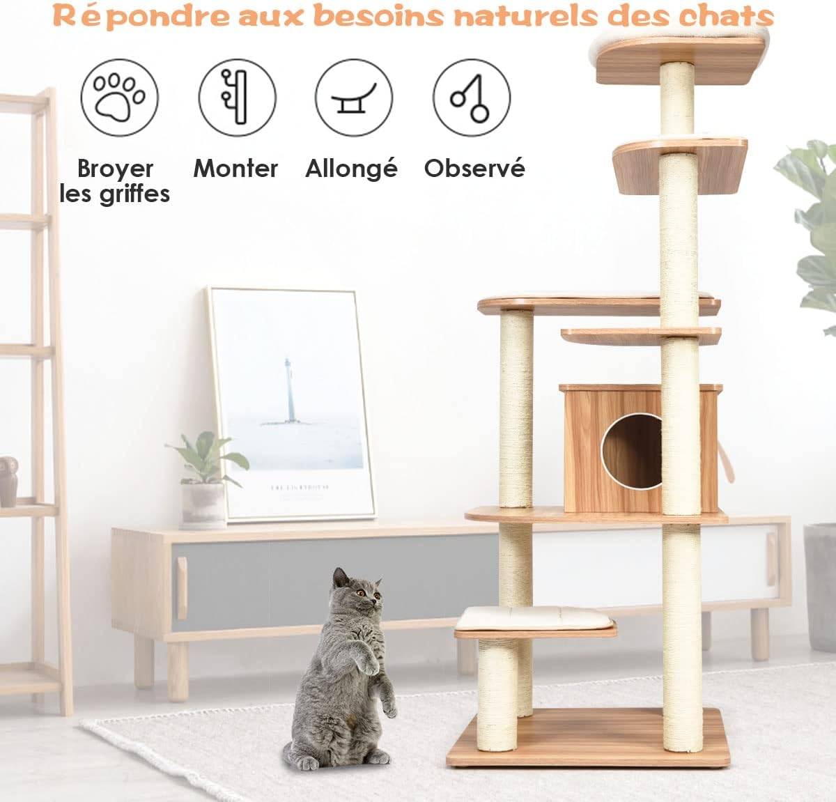 Arbre à chat COSTWAY 176 cm, arbre à chat adulte XXL avec corde en sisal, niche, plateforme et coussins, 86,5 x 86,5 x 176 cm, noir et naturel - Image 7