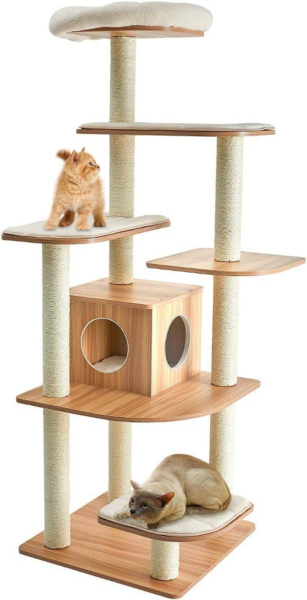 Arbre à chat COSTWAY 176 cm, arbre à chat adulte XXL avec corde en sisal, niche, plateforme et coussins, 86,5 x 86,5 x 176 cm, noir et naturel - Image 1