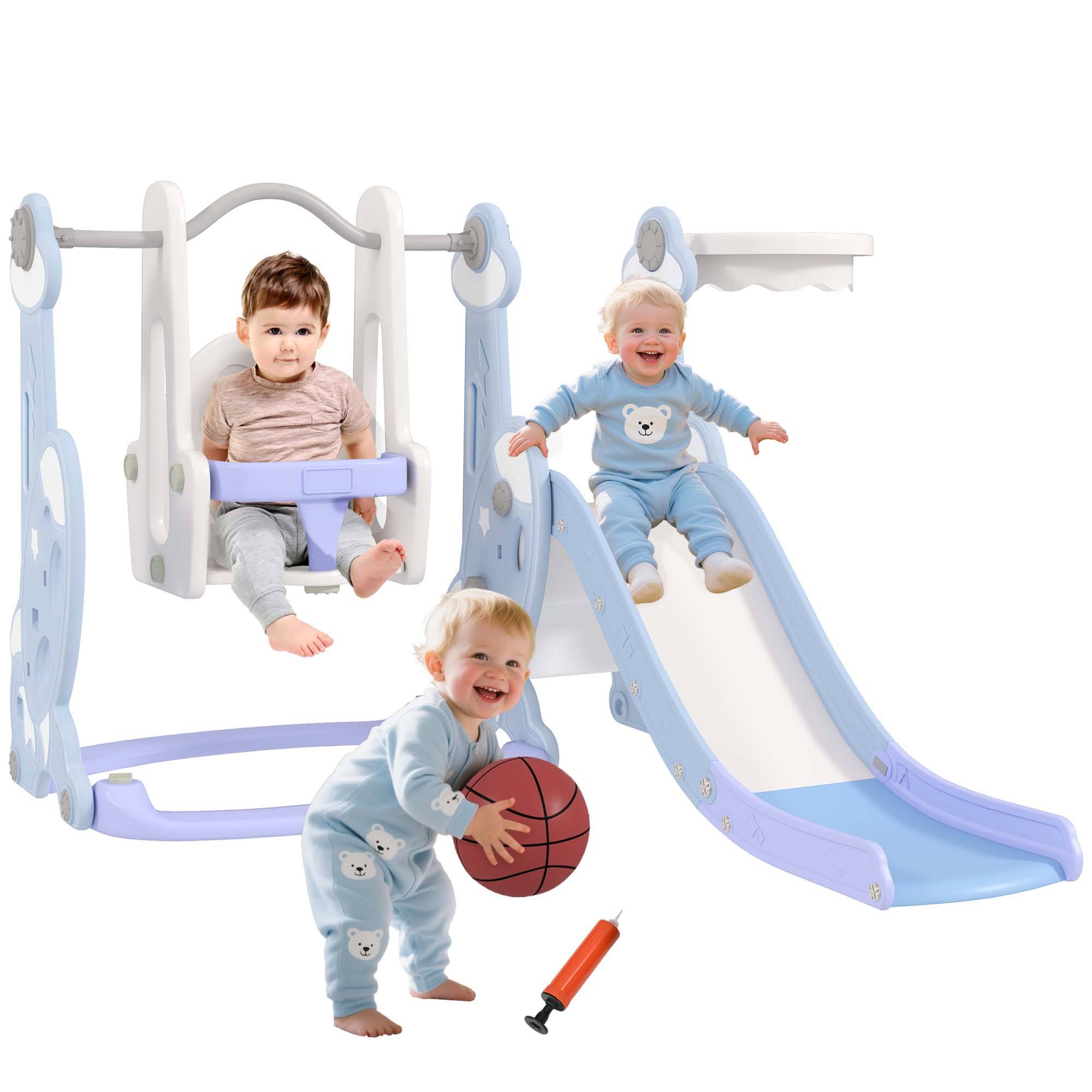 Aire de jeux 4 en 1 pour enfants avec toboggan, balançoire, structure d'escalade et panier de basket, 147,5 x 160 x 107 cm, bleu clair