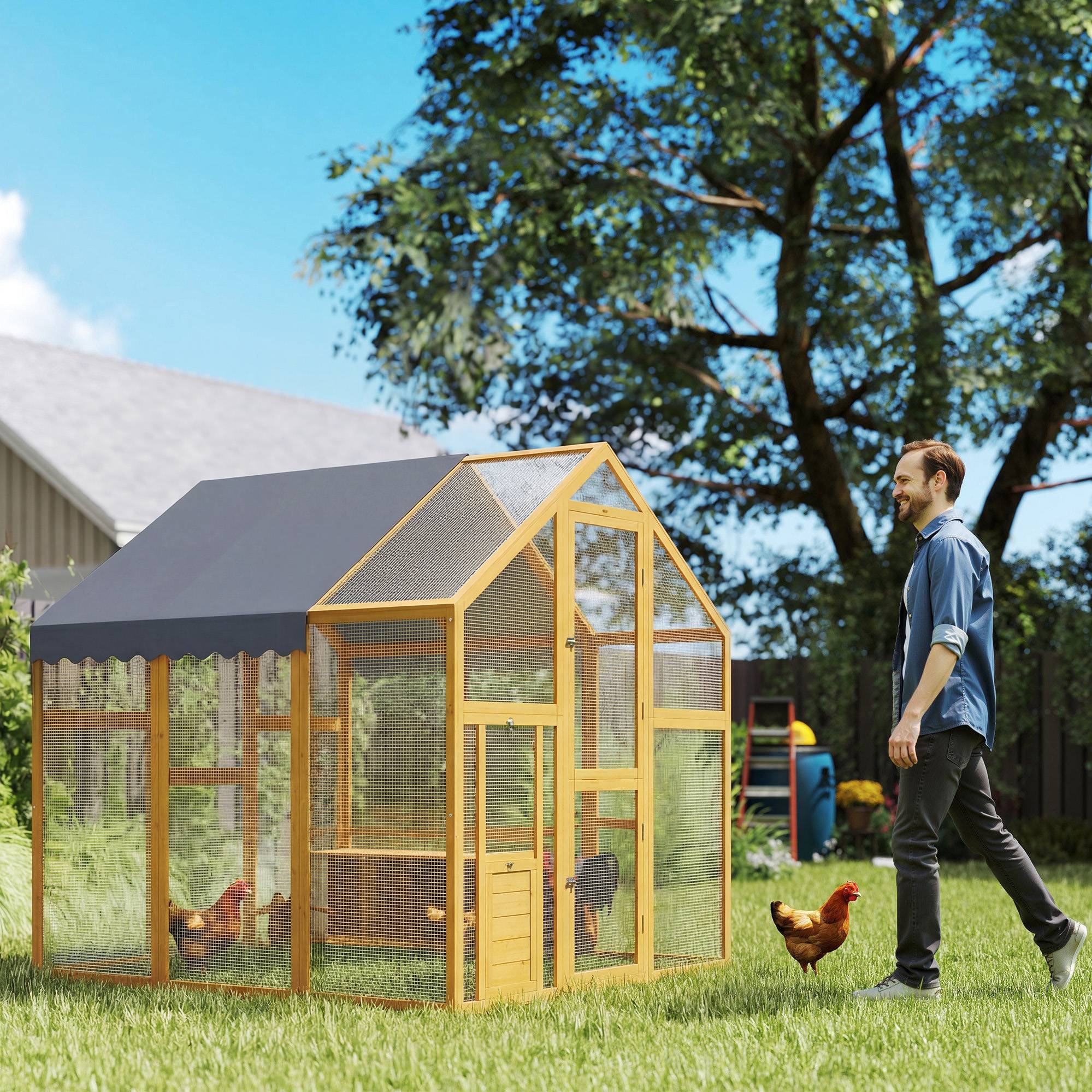 Poulailler bois 3,07m² 1,7x1,8x1,8m pour 6-8 poules, enclos, bâche étanche, serrure sécurité - Image 3