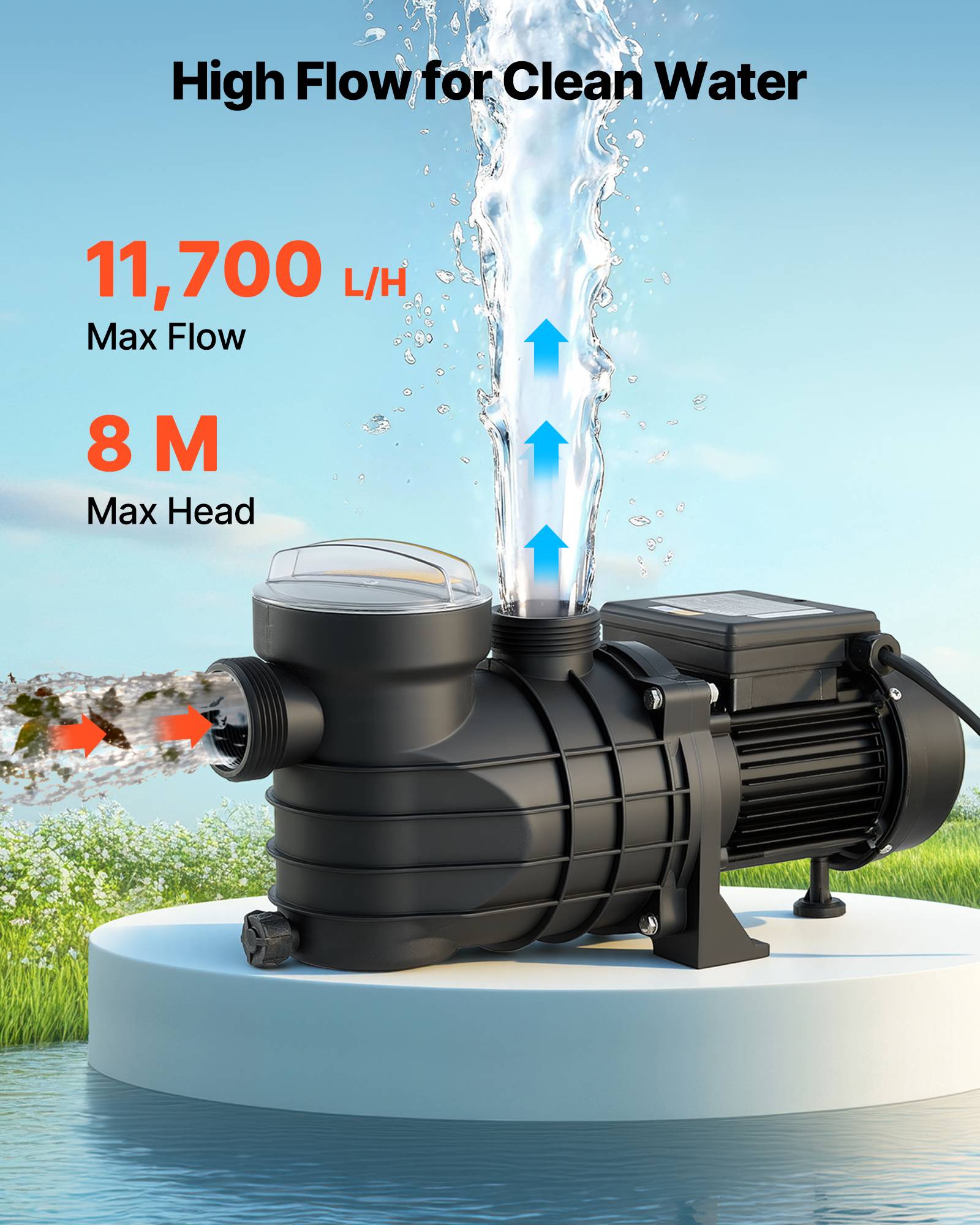 Vevor - VEVOR Pompe piscine hors-sol 250 W, 11 700 L/h, 8 m, vitesse unique, panier filtrant et couvercle, 220-240 V CA - Image 2
