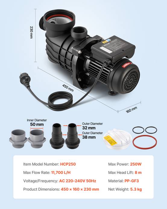 Vevor - VEVOR Pompe piscine hors-sol 250 W, 11 700 L/h, 8 m, vitesse unique, panier filtrant et couvercle, 220-240 V CA - Image 6