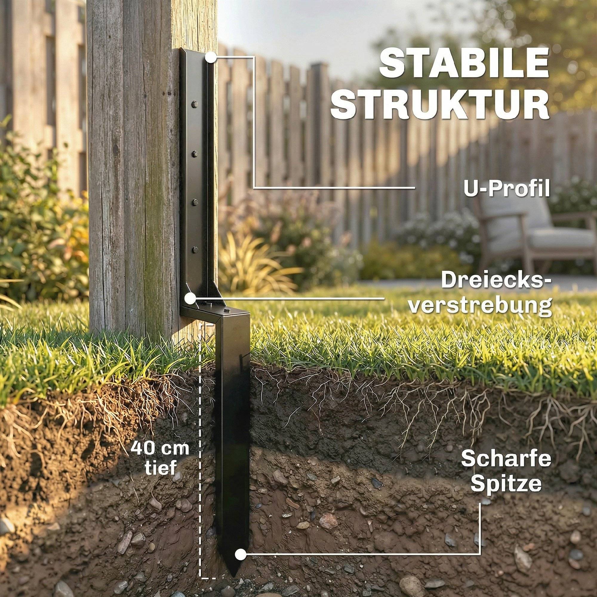 ComfortXL - Kit réparation poteau de clôture métal noir 81 x 5,5 x 12 cm lot de 2 pour jardin fixation sans creuser - Image 5