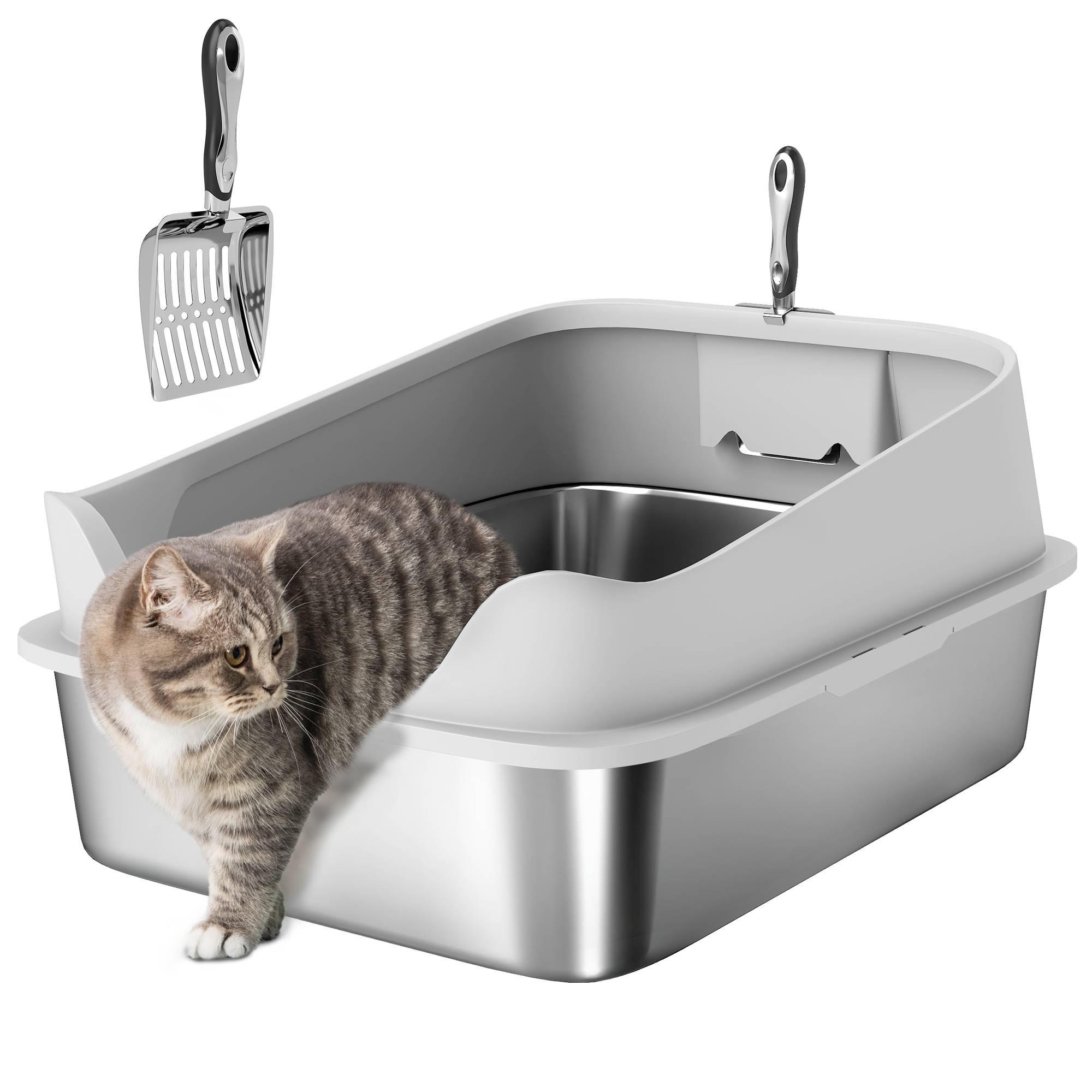 Bac à Litière XXL Acier Inoxydable pour Grand Chat Anti-Projection avec Pelle 70x50x30 cm Gris - ComfortXL Outdoor Living - Image 1