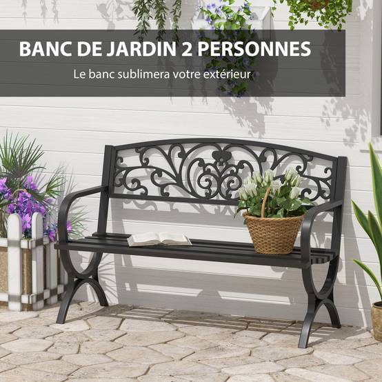 Sans Marque - Banc de jardin terrasse en acier fonte noir 3 places 127 x 60 x 85 cm charge max 240 Kg - Image 6