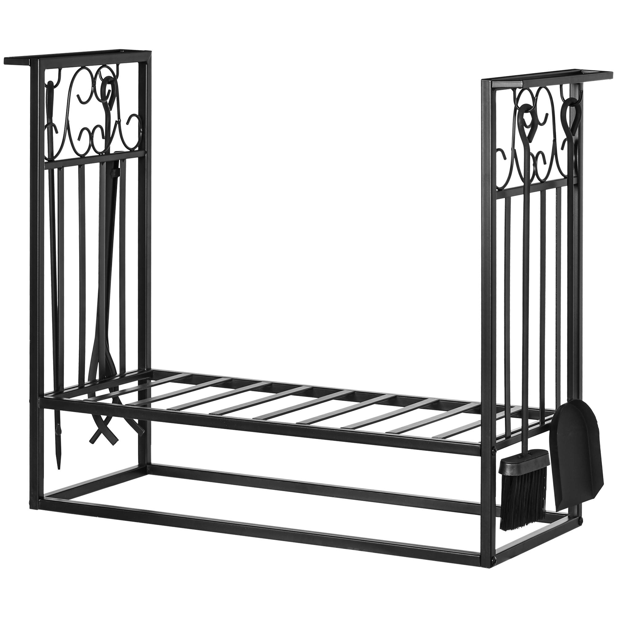 Porte‑bûches cheminée 75x30x60 cm, style vintage, 4 outils, base surélevée, charge 100 kg, acier, intérieur‑extérieur, noir - Image 2