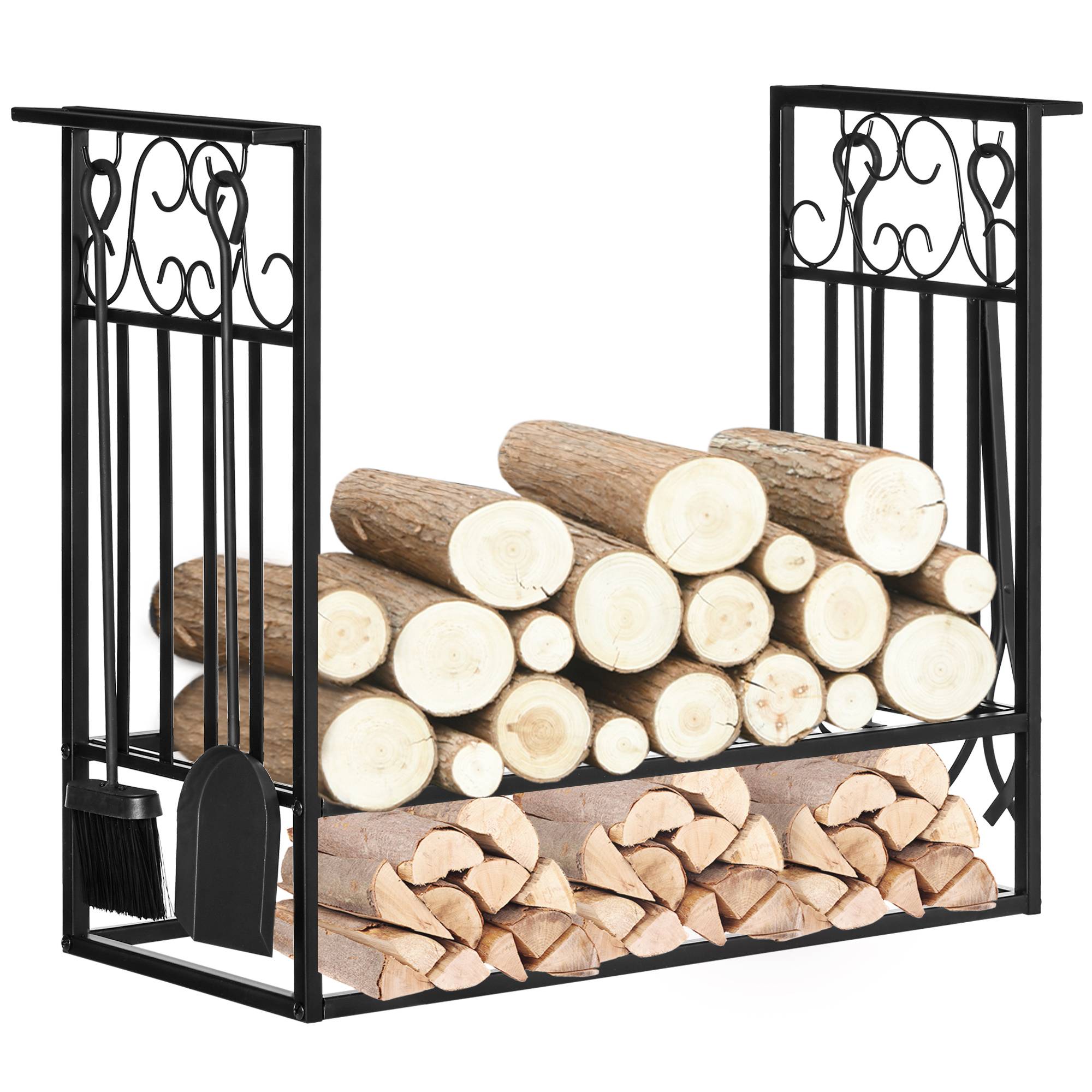 Porte‑bûches cheminée 75x30x60 cm, style vintage, 4 outils, base surélevée, charge 100 kg, acier, intérieur‑extérieur, noir - Image 1