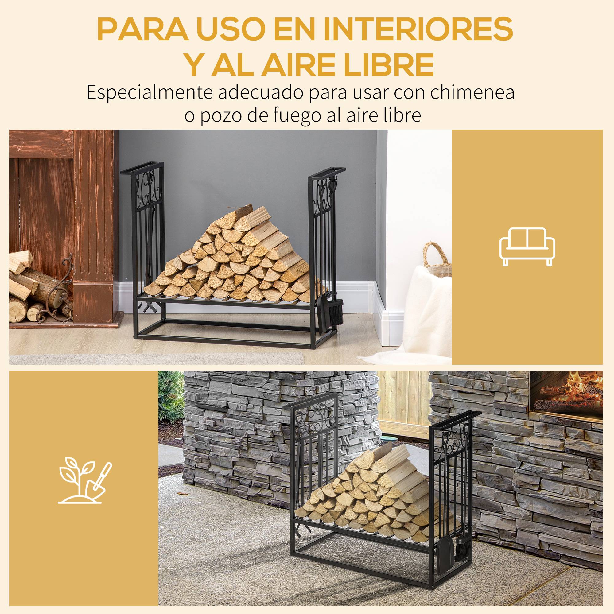 Porte‑bûches cheminée 75x30x60 cm, style vintage, 4 outils, base surélevée, charge 100 kg, acier, intérieur‑extérieur, noir - Image 7