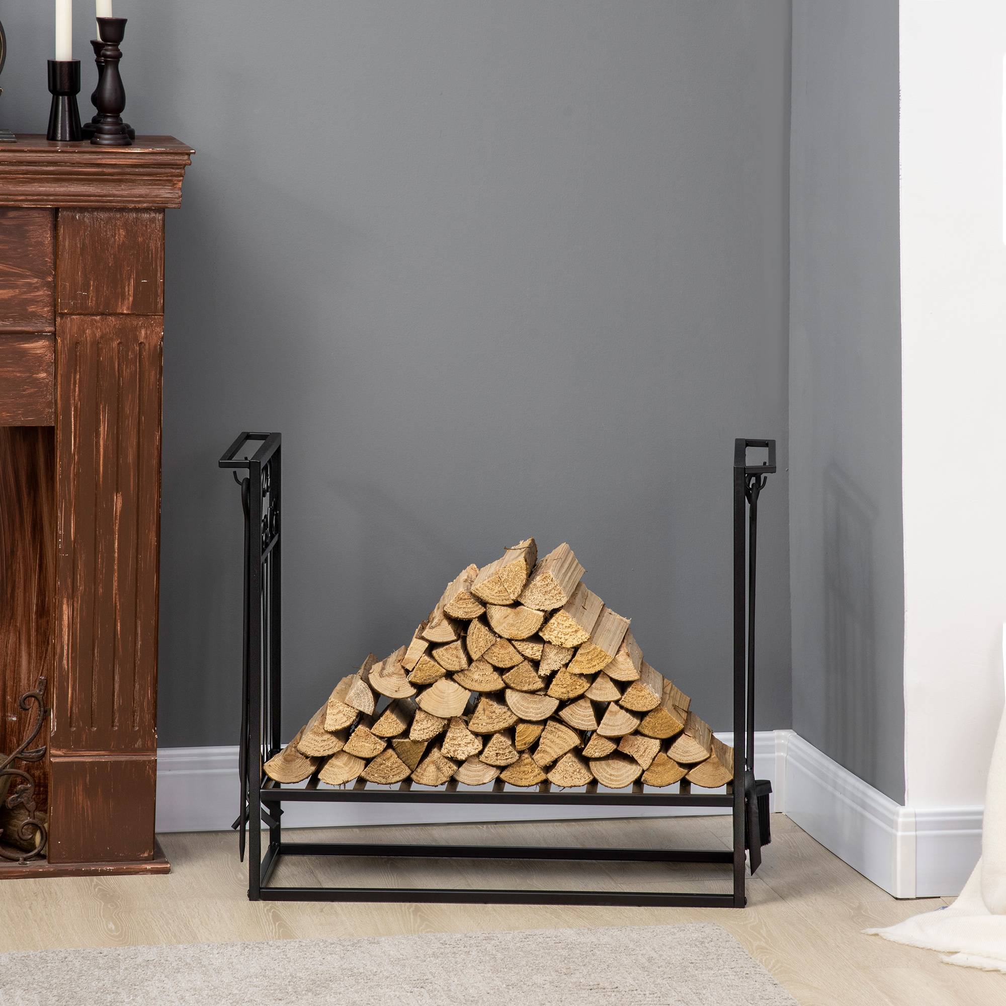 Porte‑bûches cheminée 75x30x60 cm, style vintage, 4 outils, base surélevée, charge 100 kg, acier, intérieur‑extérieur, noir - Image 8