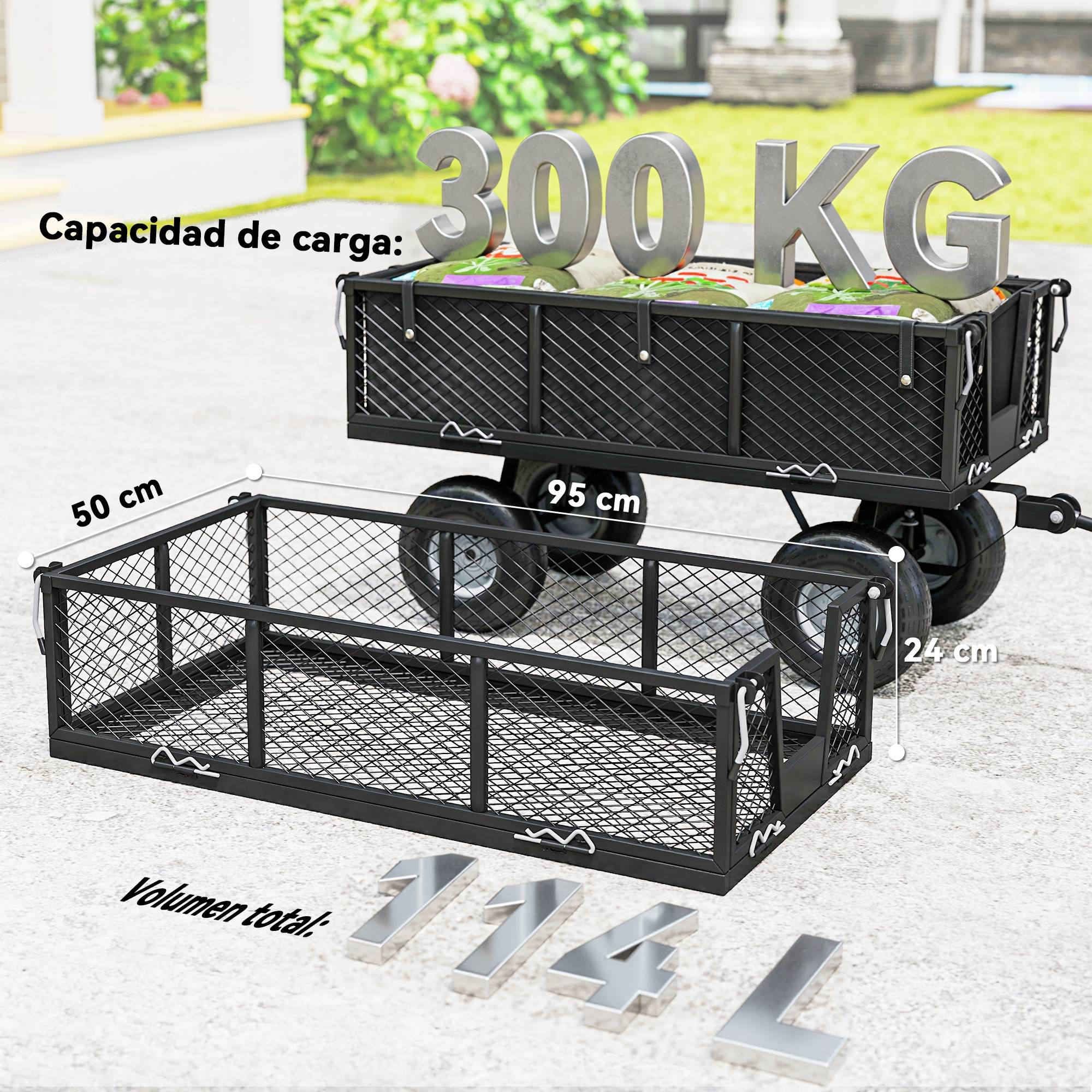 Chariot de transport acier jardin sac imperméable roues 25cm 300kg noir - ComfortXL Outdoor Living - Image 9