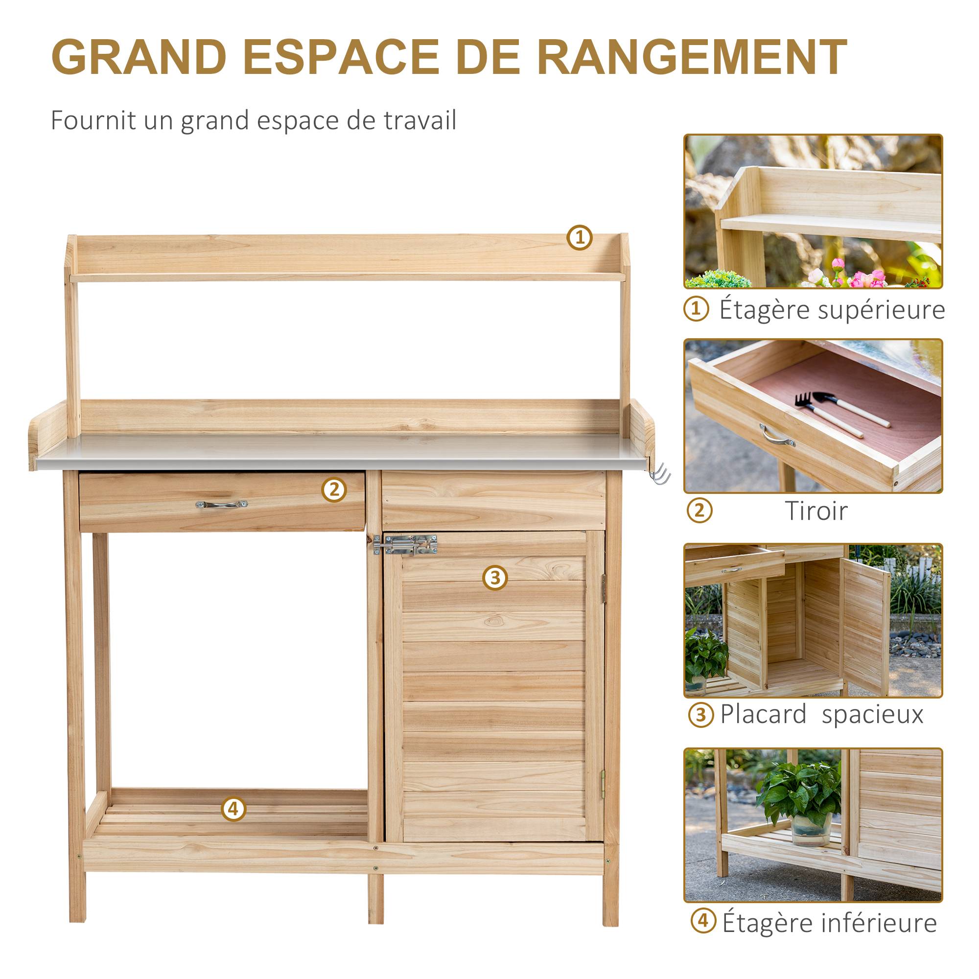 Table de Rempotage avec Tiroir, Placard et 2 Étagères, Plateau Acier Galvanisé, Bois de Sapin - Image 7