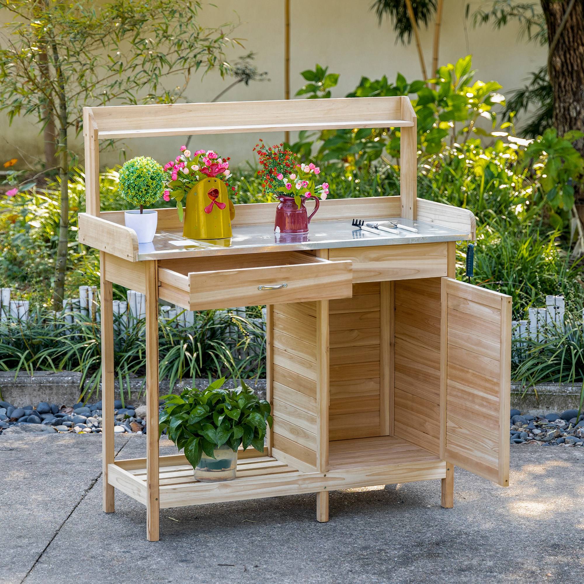 Table de Rempotage avec Tiroir, Placard et 2 Étagères, Plateau Acier Galvanisé, Bois de Sapin - Image 10