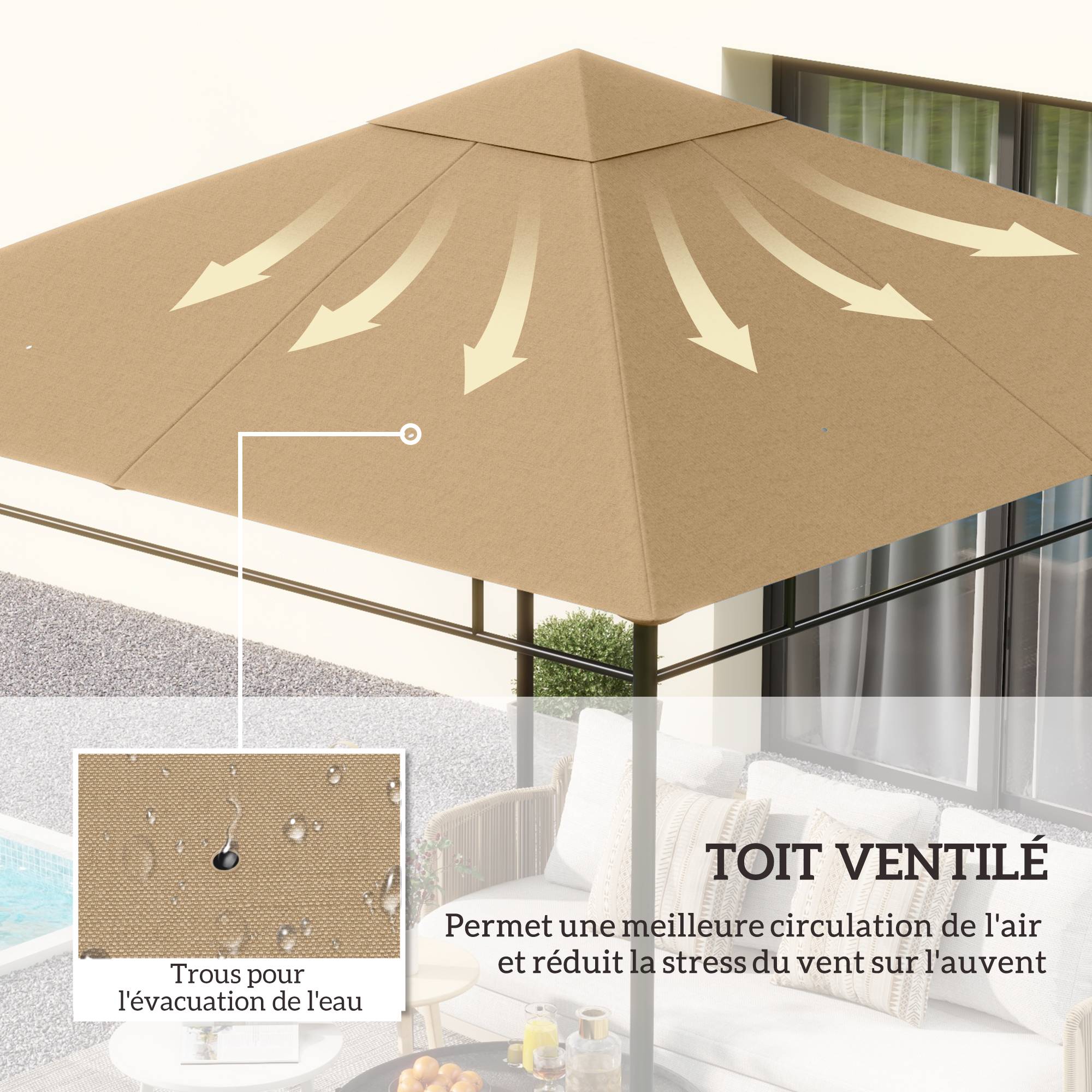 ComfortXL - Toile rechange tonnelle polyester jardin remplacement double toit 298x295 beige - ComfortXL Outdoor Living - Image 6