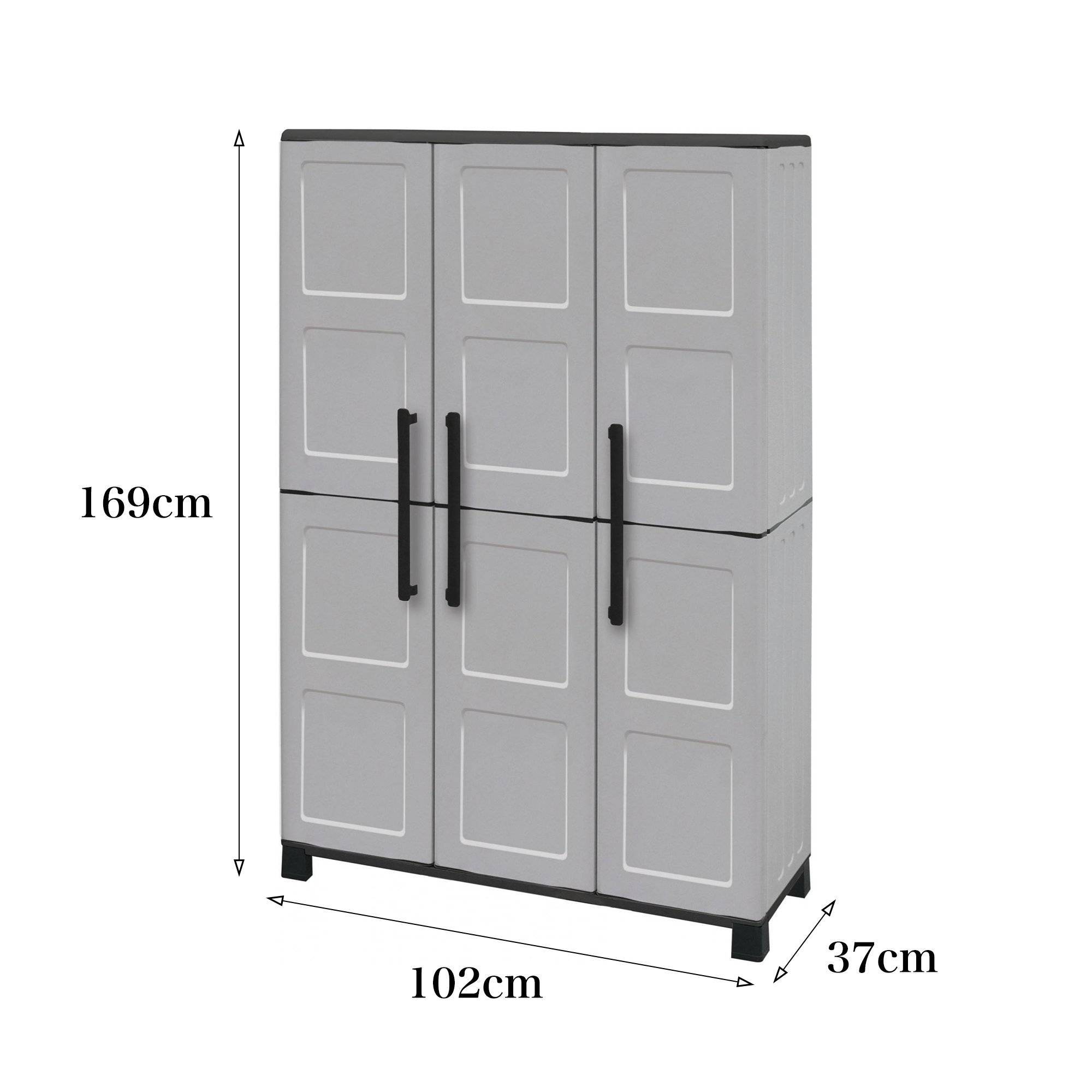 Dmora - Armoire d'extérieur Nandrin, Armoire à balais, Armoire d'extérieur 3 portes, 102x37h169 cm, Gris clair et noir, Finition damier - Dmora - Imagen 3