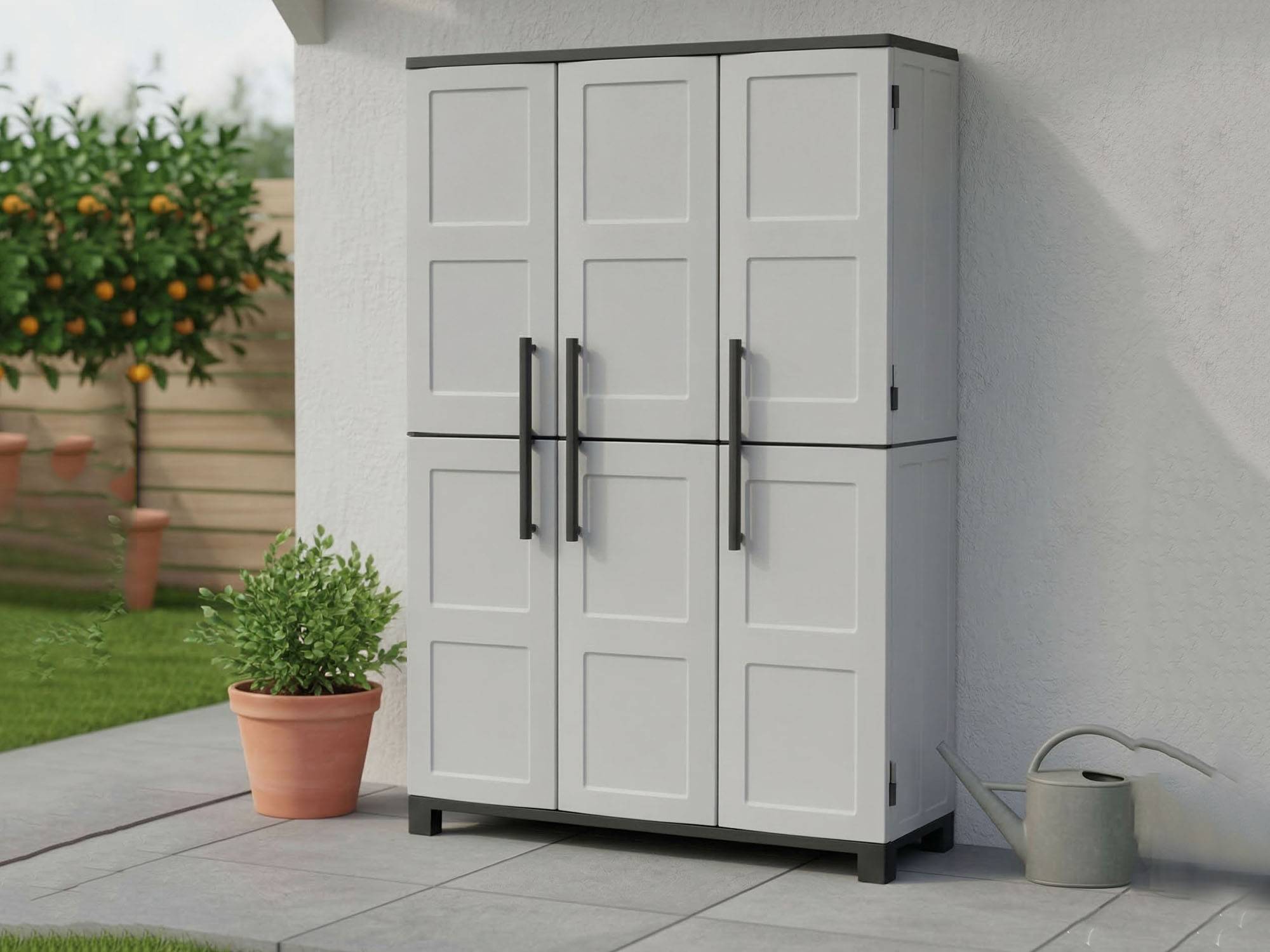 Dmora - Armoire d'extérieur Nandrin, Armoire à balais, Armoire d'extérieur 3 portes, 102x37h169 cm, Gris clair et noir, Finition damier - Dmora - Imagen 7