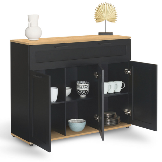 Buffet 100 cm VITO 3 portes et 1 tiroir noir et plateau bois - Image 4