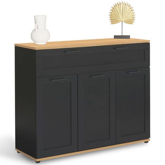 Buffet 100 cm VITO 3 portes et 1 tiroir noir et plateau bois - Image 2