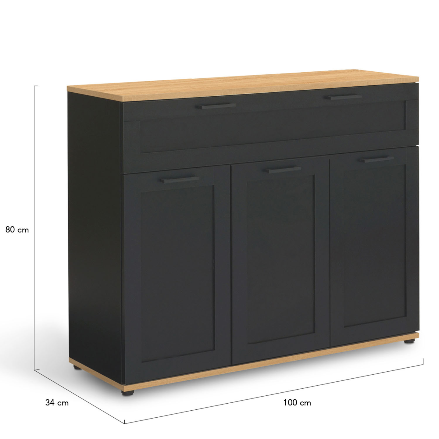Buffet 100 cm VITO 3 portes et 1 tiroir noir et plateau bois - Image 5