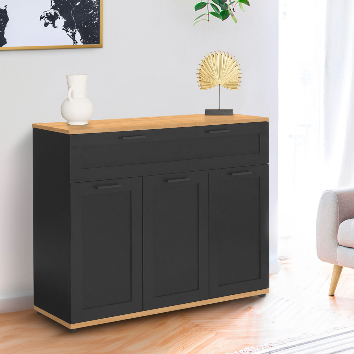 Buffet 100 cm VITO 3 portes et 1 tiroir noir et plateau bois - Image 1