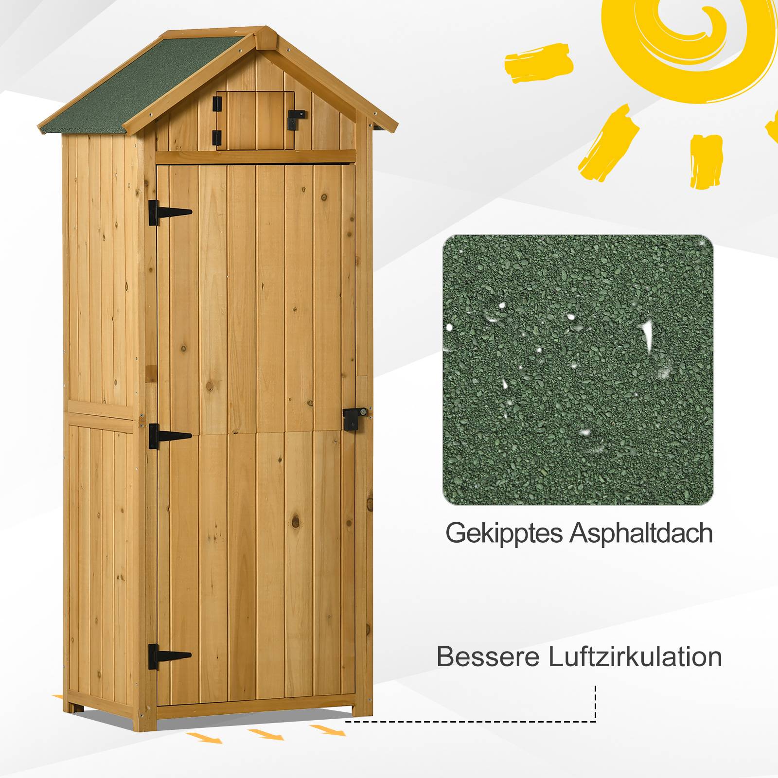 Armoire bois résistante, 77x54,2x179 cm, toit à deux pans, étagères, jaune+vert - Image 7
